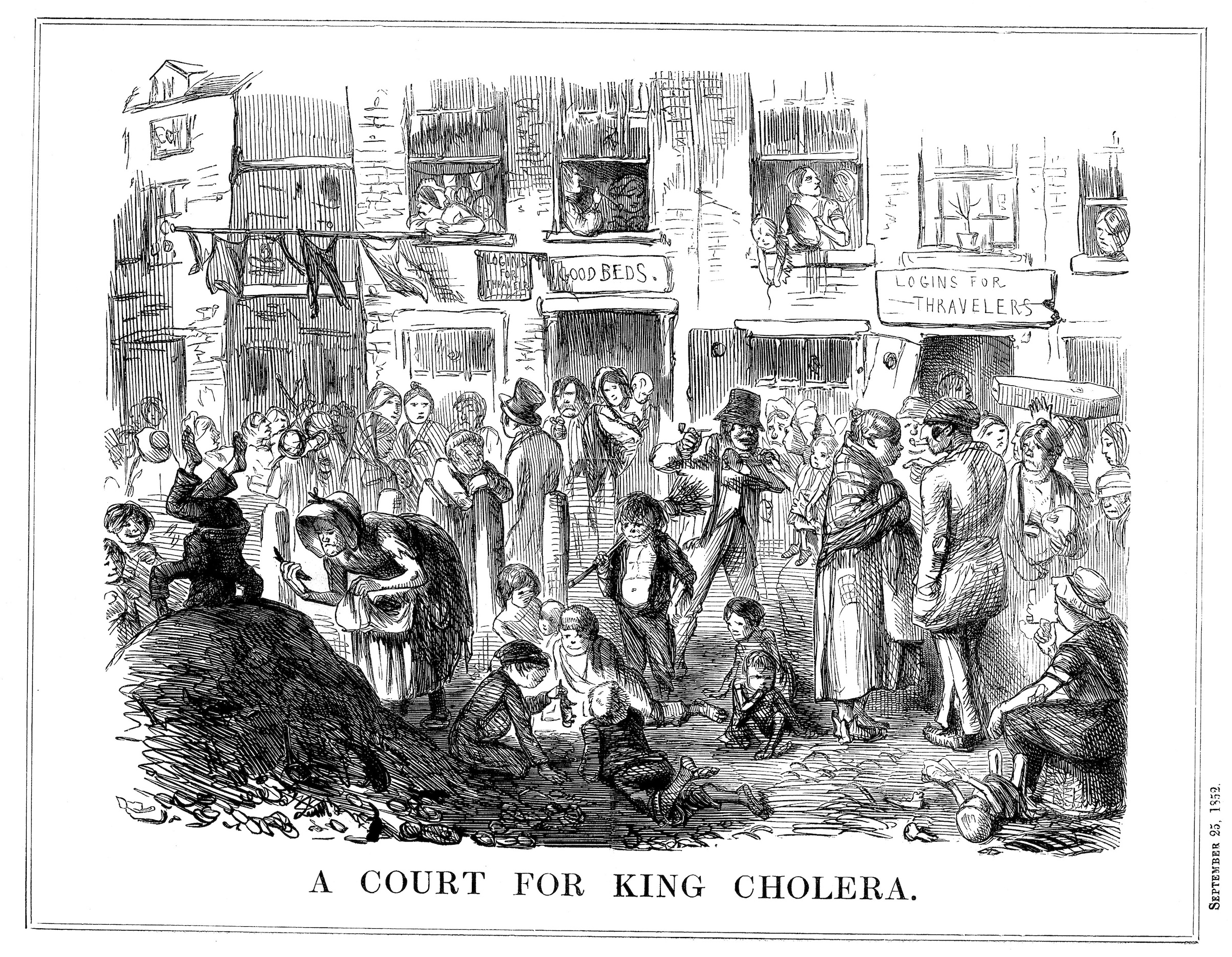 'A Court for King Cholera', 1852. A scene typical of the London slum. Cartoon from Punch. (London, Sept. 25,  1852). (Print Collector/Getty Images)