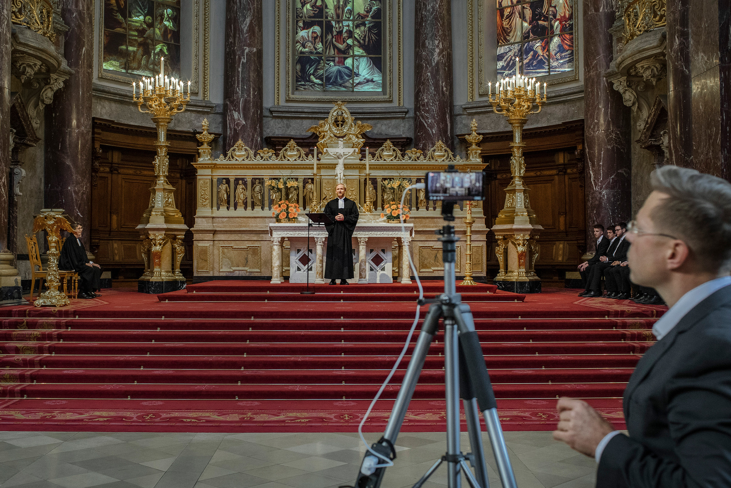 Service is live streamed from the Berlin Cathedral on March 15 as gatherings of more than 50 people were banned (Emile Ducke—The New York Times/Redux)