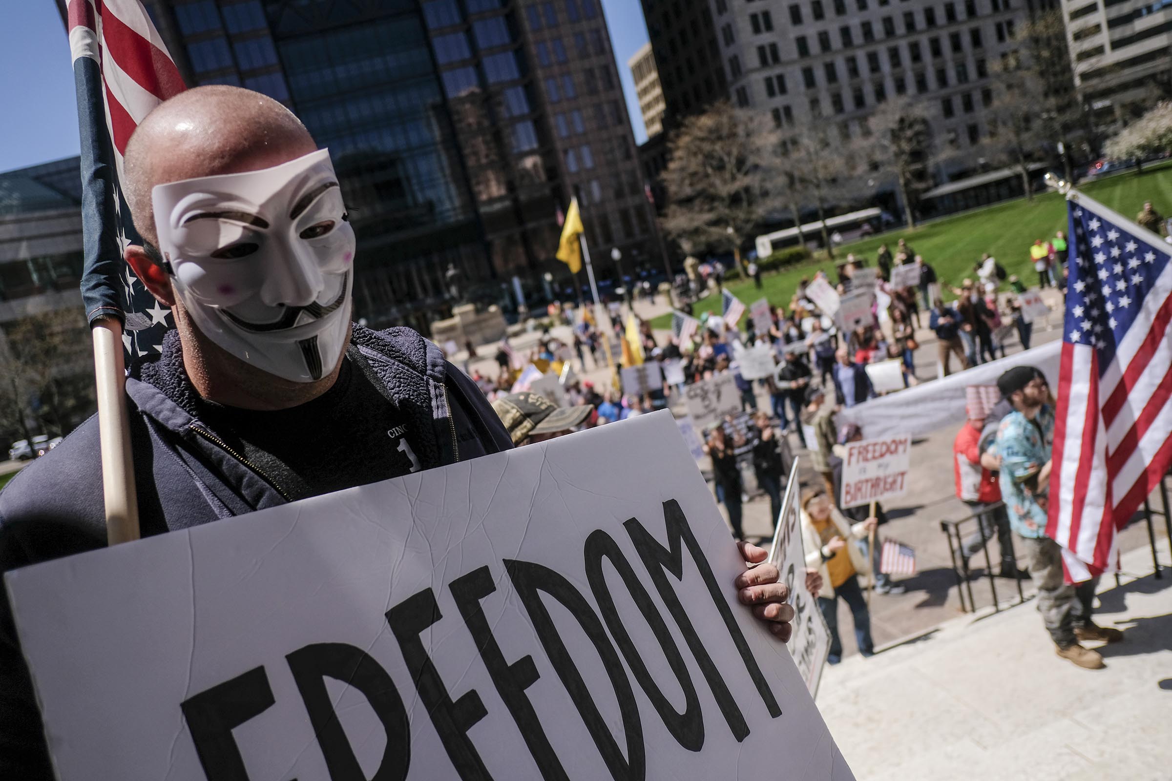 Protesters gather at the Ohio Statehouse to protest the 'Stay at Home' order on April 20, 2020 in Columbus, Ohio. (Matthew Hatche—Getty Images)