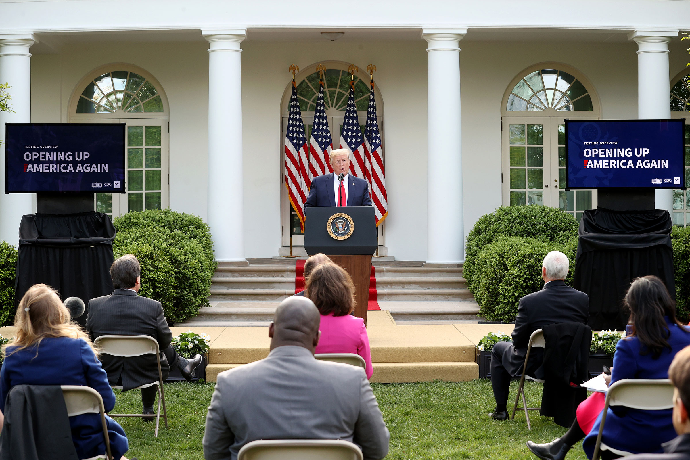 President Donald Trump speaks during the daily briefing of the coronavirus task force in the Rose Garden at the White House in Washington, on April 27, 2020. (Win McNamee—Getty Images)