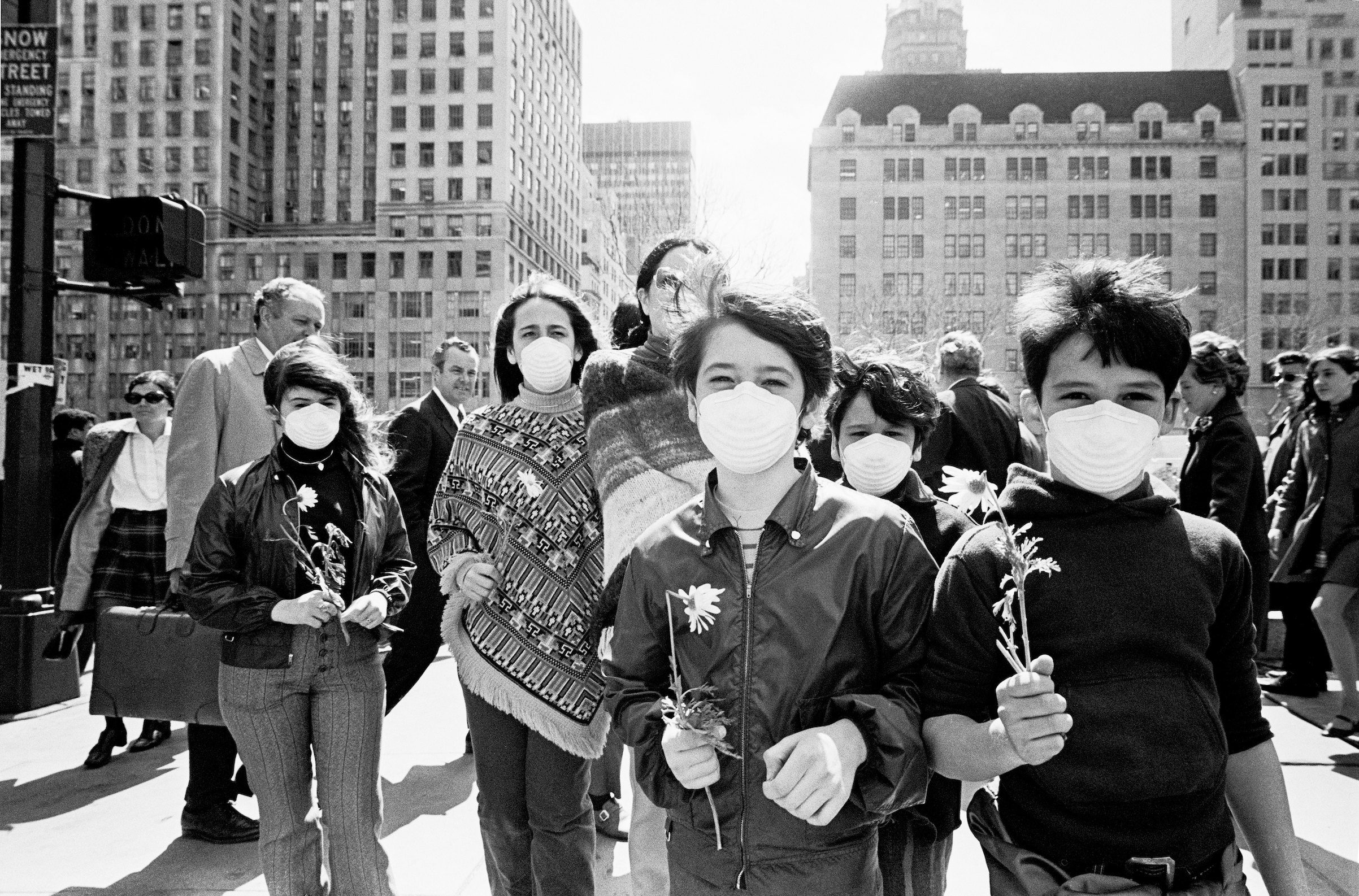 Demonstrators in New York, N.Y., in 1970. Air pollution was a major issue among many who marked the first Earth Day on April 22, 1970. (Santi Visalli/Getty Images)