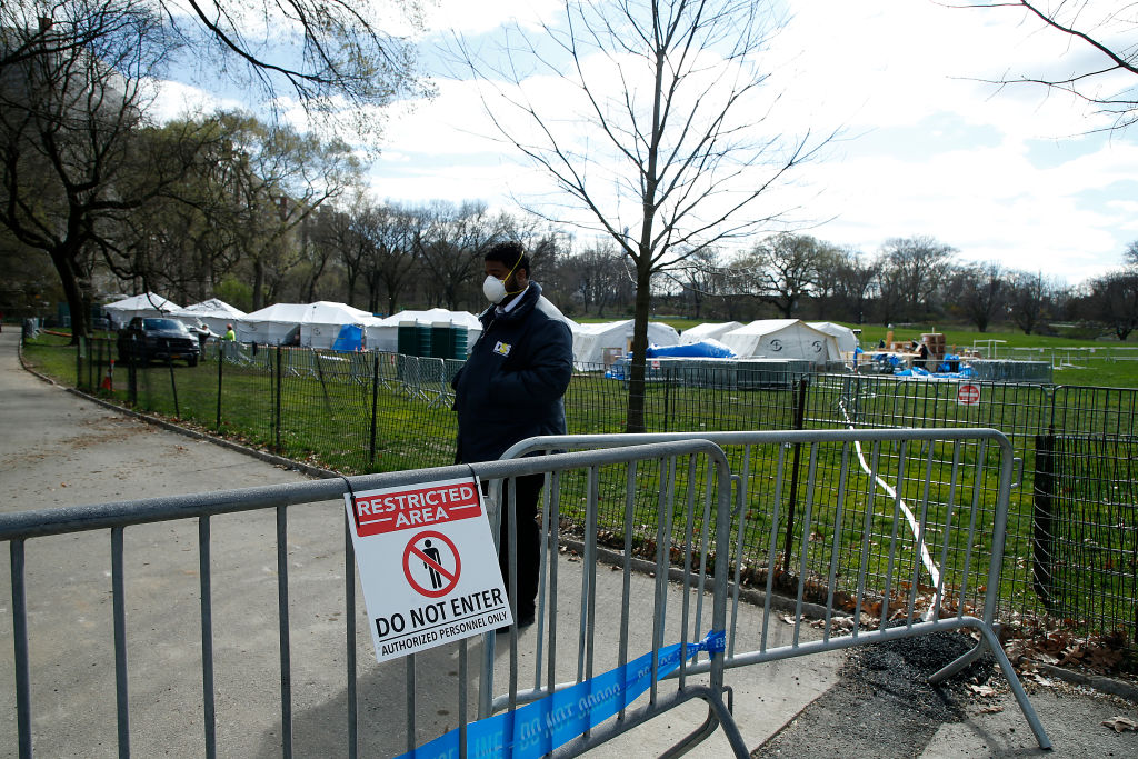 A temporary field hospital built in New York City's Central Park  (shown on April 2, 2020) to help alleviate the stress on the city's health care system created by the coronavirus pandemic. (John Lamparski—Getty Images)