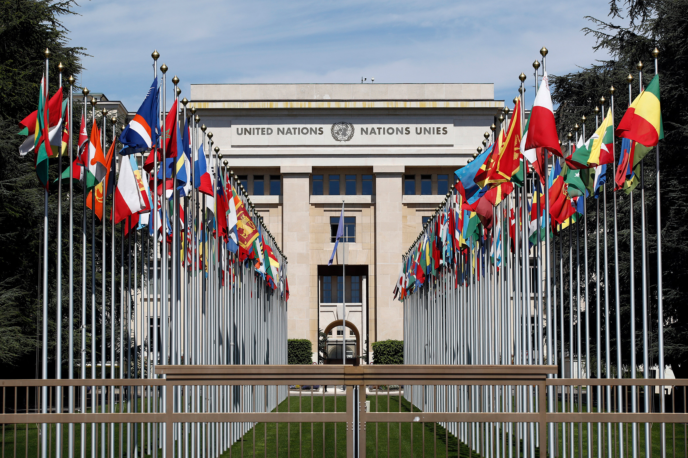 Flags stand outside the United Nations (UN) building in Geneva, Switzerland, on May 14, 2019. (Stefan Wermuth—Bloomberg/Getty Images)