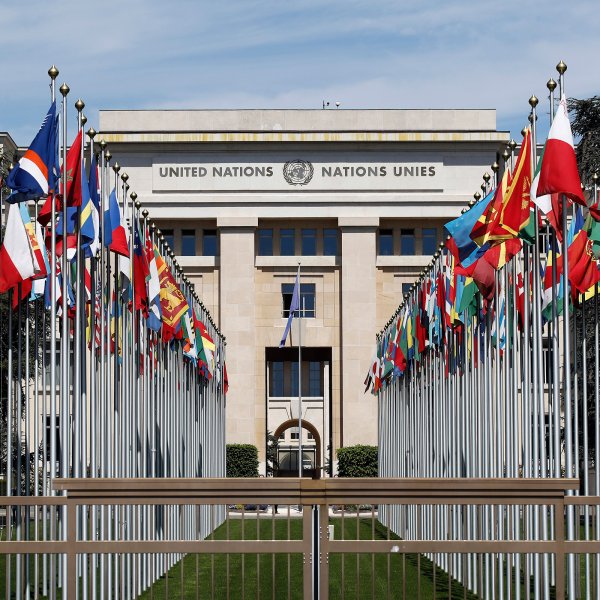 Flags stand outside the United Nations (UN) building in Geneva, Switzerland, on May 14, 2019.