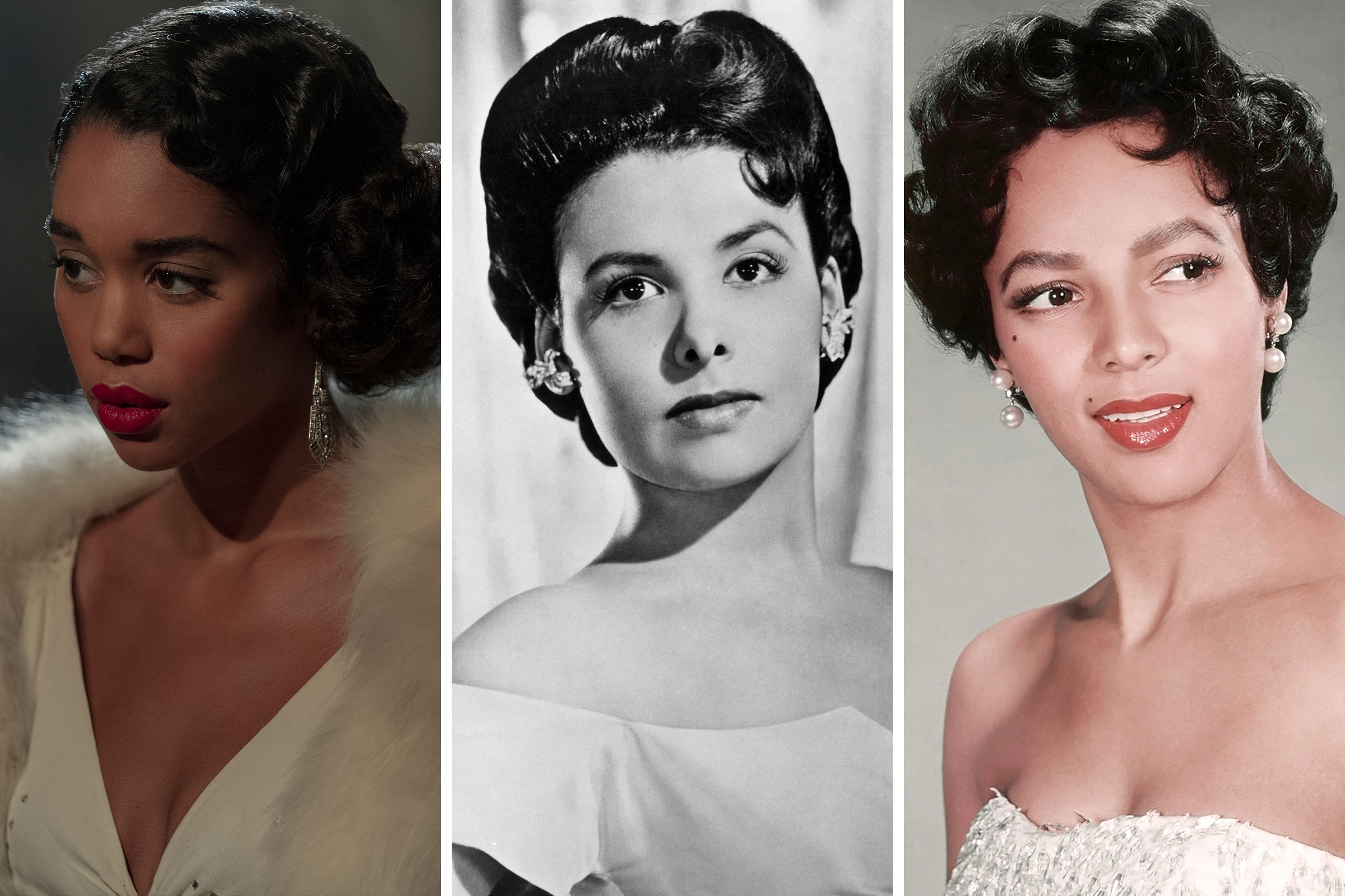 Laura Harrier as the character Camille in 'Hollywood'; Lena Horne circa 1945; Dorothy Dandridge circa 1955