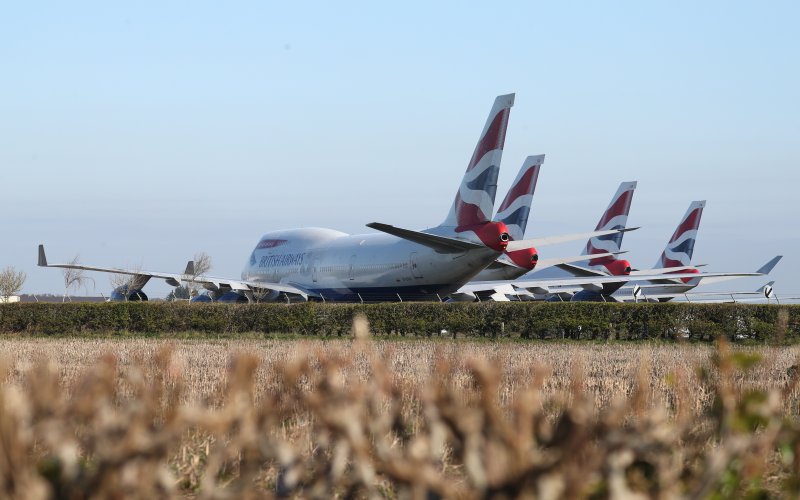 British Airways Boeing 747 aircraft parked at Bournemouth airport on April 1, 2020 after the airline reduced flights amid travel restrictions and a huge drop in demand as a result of the coronavirus pandemic.
