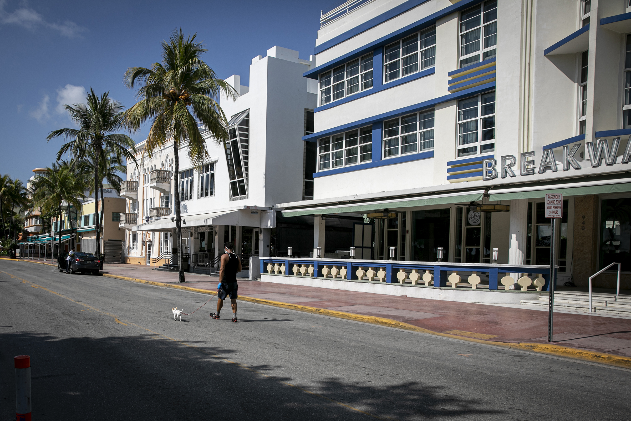 A pedestrian walks a dog in the middle of an empty street in Miami, Florida, on April 8, 2020. (Marco Bello—Bloomberg via Getty Images)