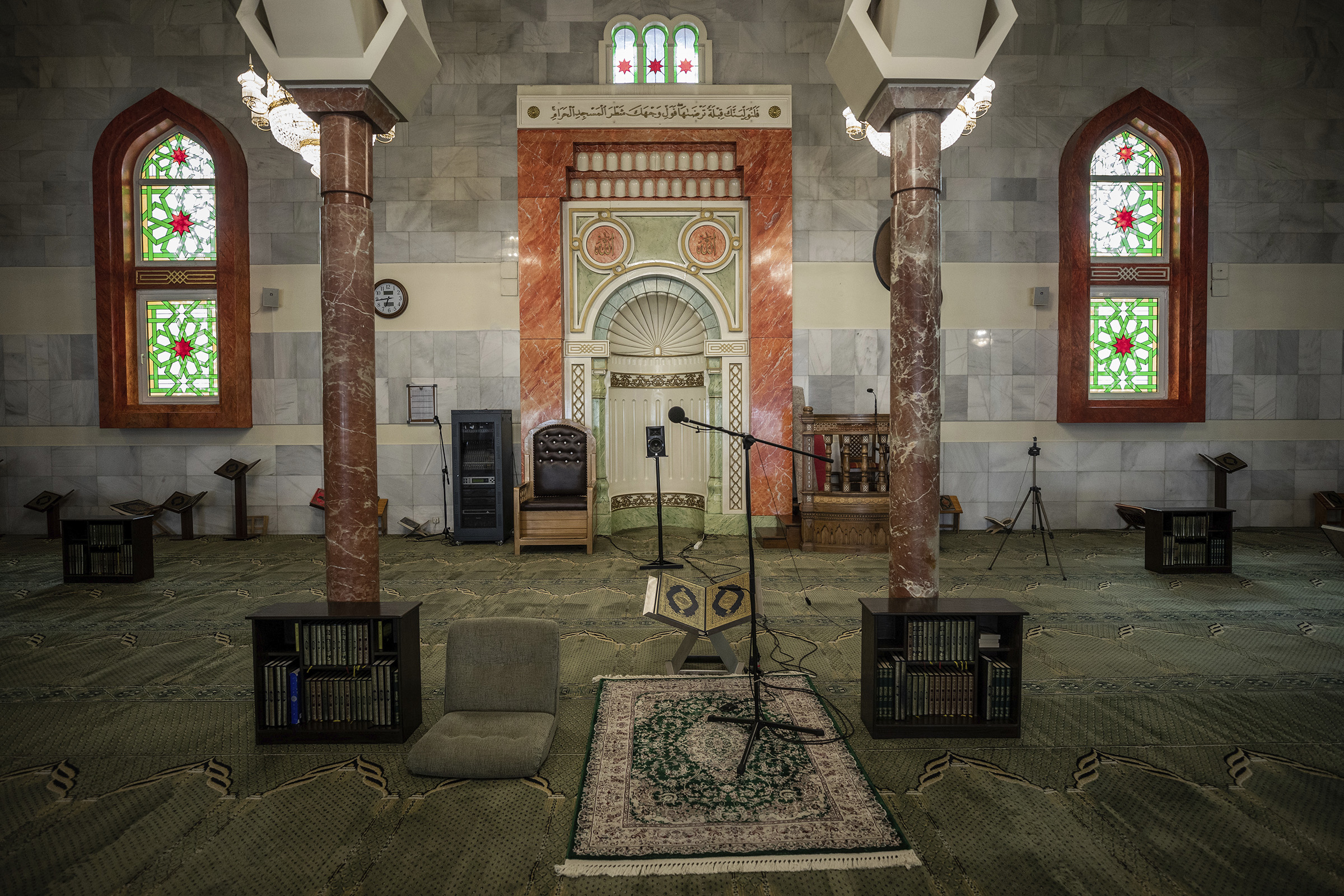 View of the prayer area of the Islamic Cultural Center and Mosque, empty due to social distancing guidelines in Madrid, Spain, on April 23, 2020. (Bernat Armangue—AP)