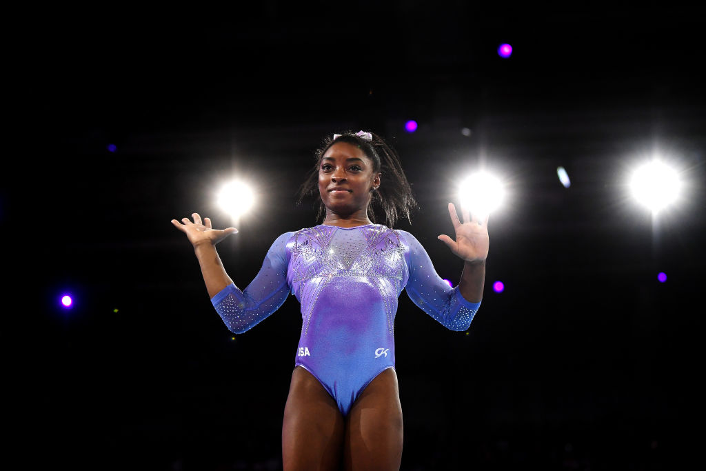 Simone Biles competes during day 10 of the 49th FIG Artistic Gymnastics World Championships at Hanns-Martin-Schleyer-Halle on Oct. 13, 2019 in Stuttgart, Germany. (Laurence Griffiths/Getty Images)