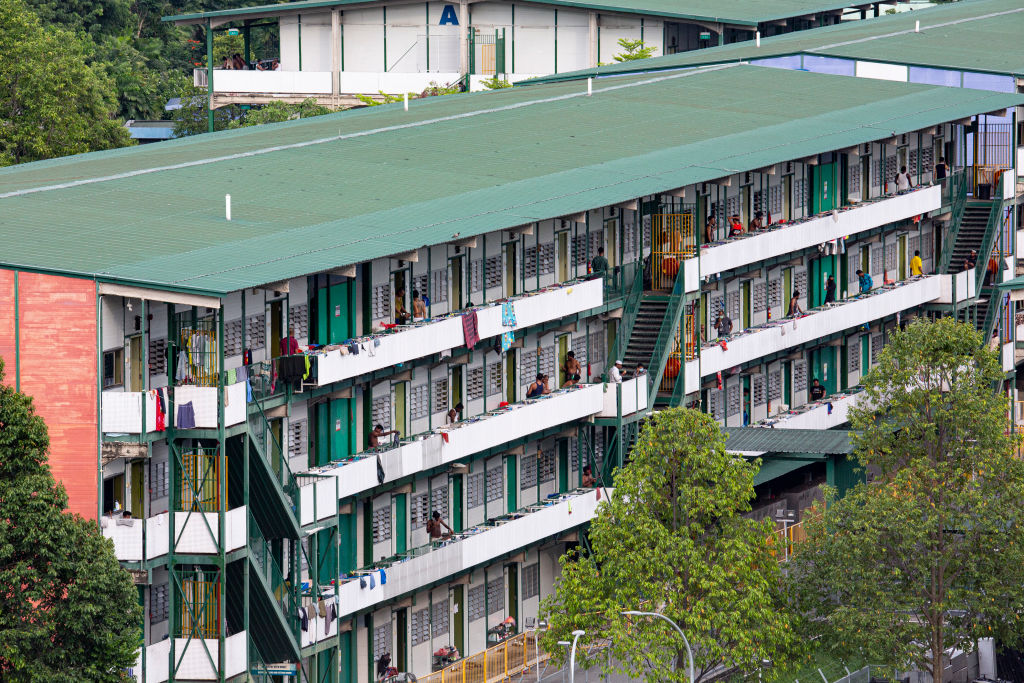 Residents are seen in a purpose-built migrant workers dormitory that was designated as an isolation area in Singapore on April 18, 2020. (Ore Huiying&mdash;Getty Images)