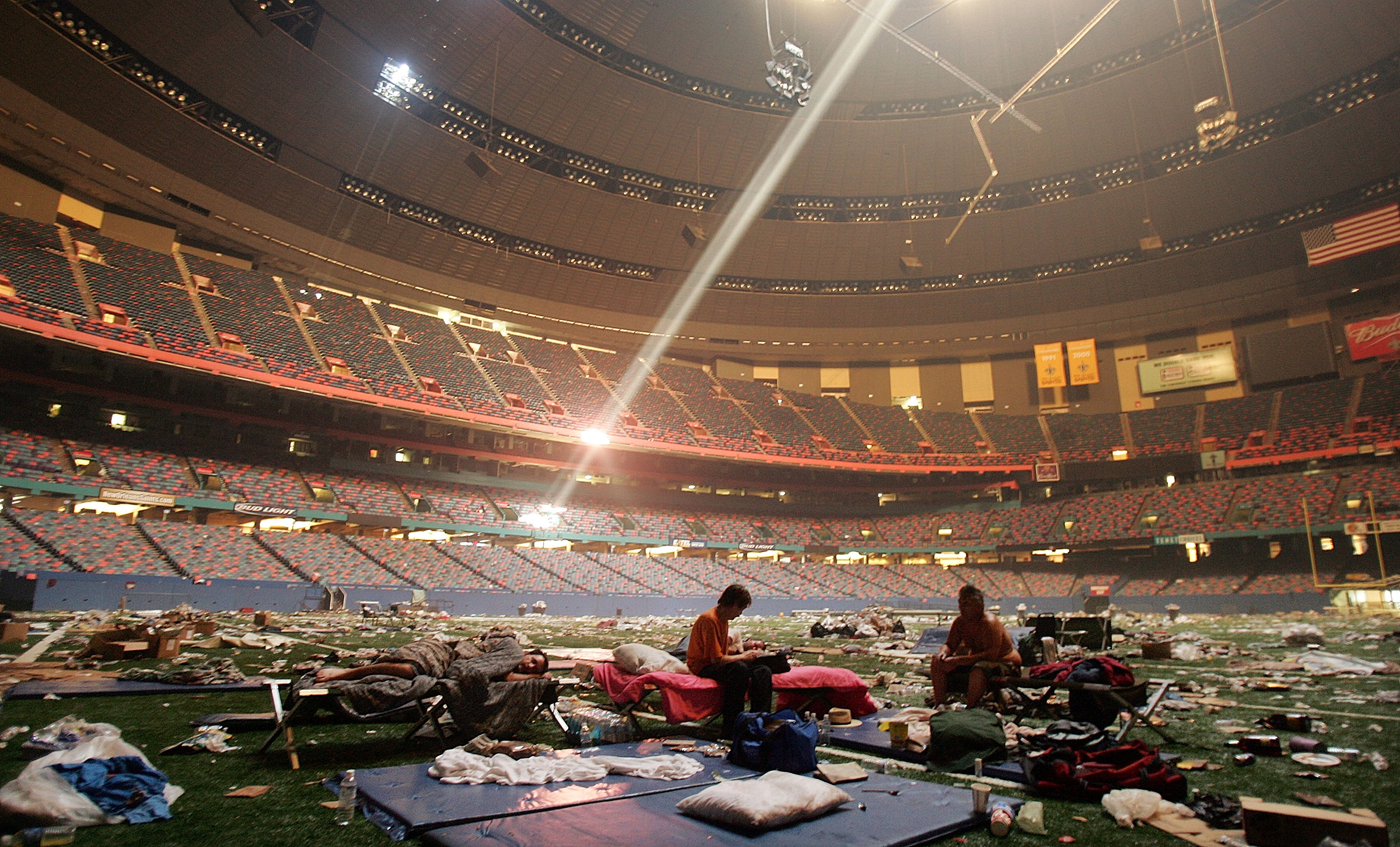 Stranded victims of Hurricane Katrina rest inside the Superdome on Sept. 2, 2005 in New Orleans. (Mario Tama—Getty Images)