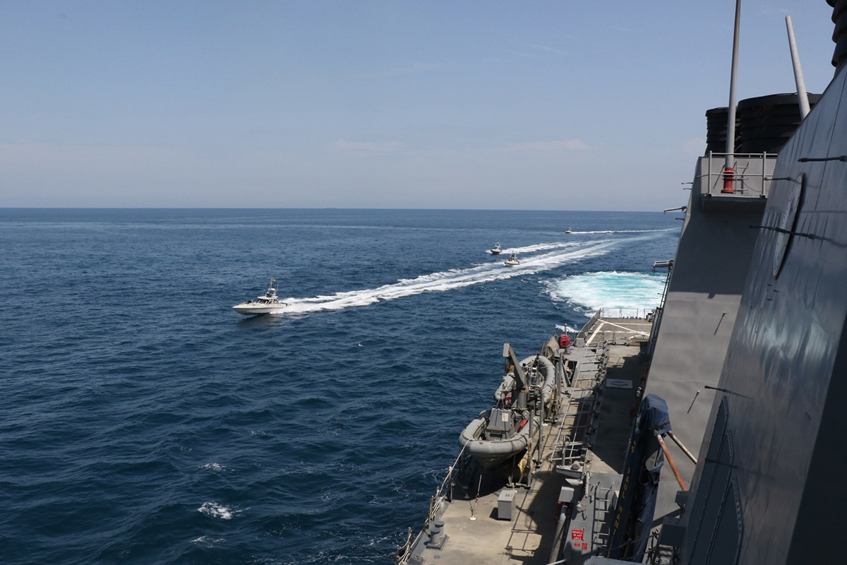 Iranian Islamic Revolutionary Guard Corps Navy vessels cross U.S. Military ships' bows and sterns at close range while operating in the international waters of the North Arabian Gulf on April 15, 2020.