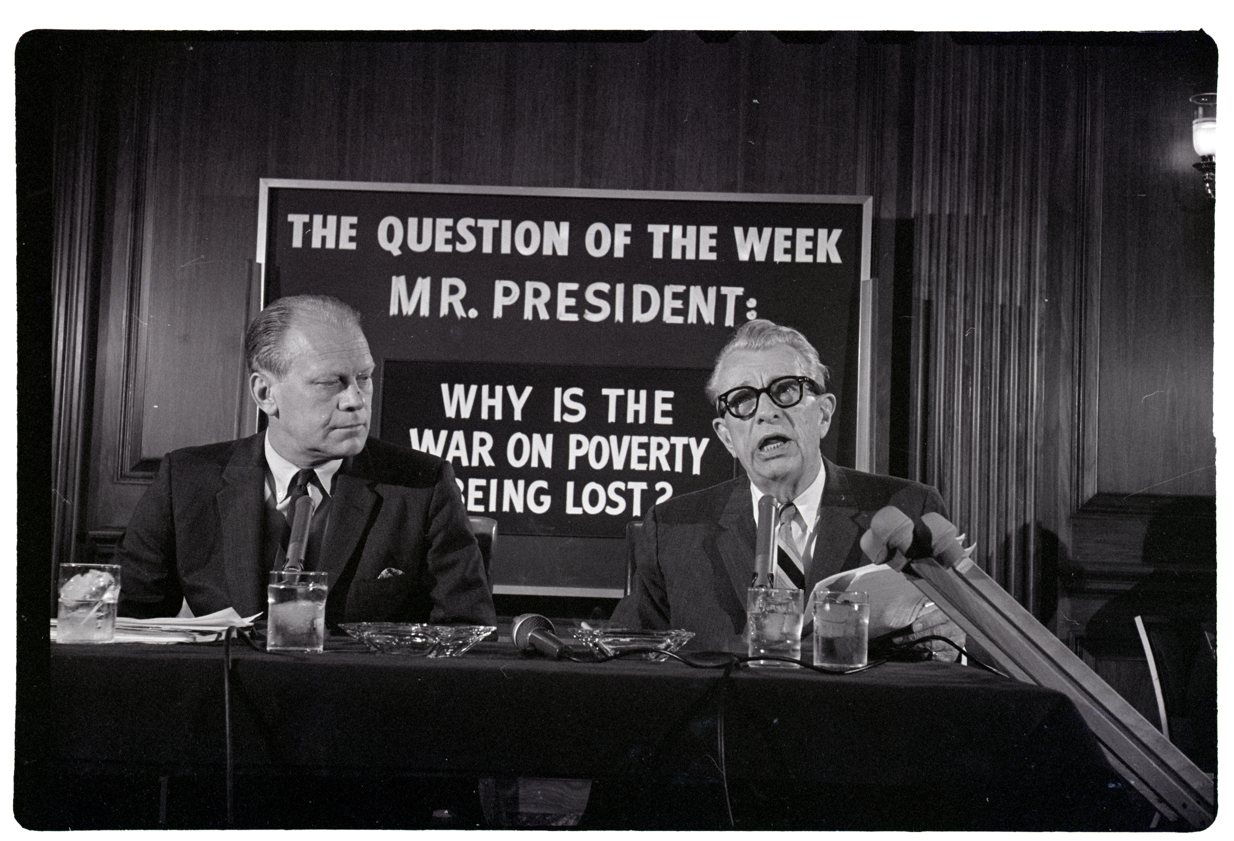Representative Gerald Ford, (L), and Senator Everett M. Dirksen  speaking about President Johnson's antipoverty plan on June 2, 1966, in Washington, D.C. (Bettmann Archive/Getty)