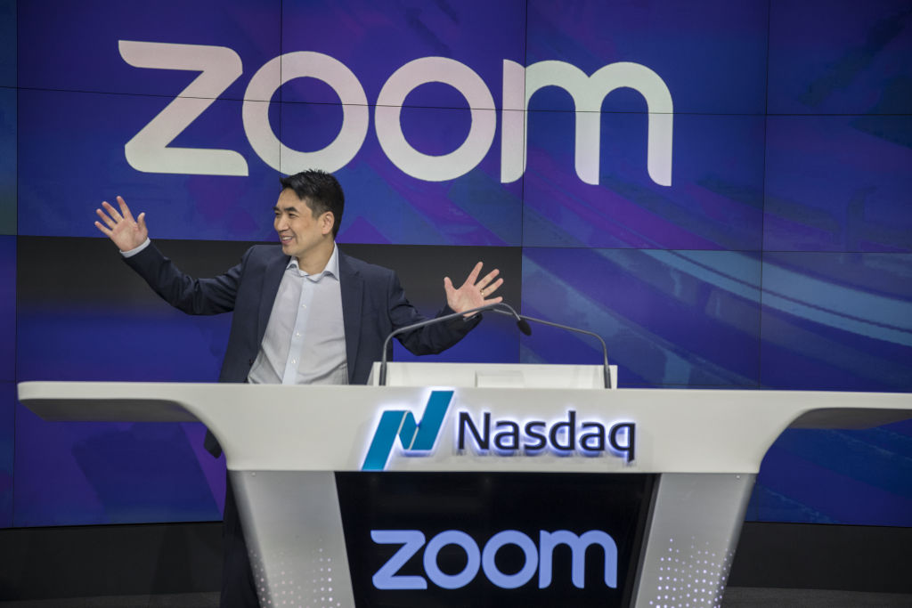 Eric Yuan, founder and chief executive officer of Zoom Video Communications Inc., stands before the opening bell during the company's initial public offering (IPO) at the Nasdaq MarketSite in New York, U.S., on Thursday, April 18, 2019. (Bloomberg via Getty Images—© 2019 Bloomberg Finance LP)