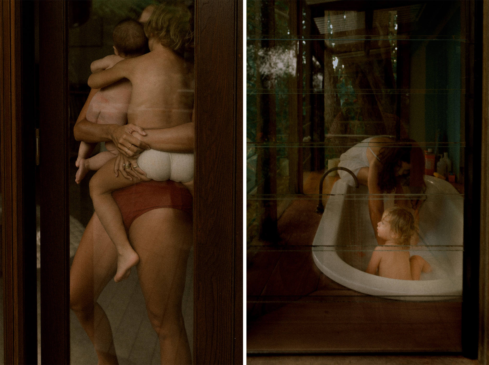Left: Holly, with Della and Posey, in the living room; Right: Steph and Percy in the bathroom (Lisa Sorgini)
