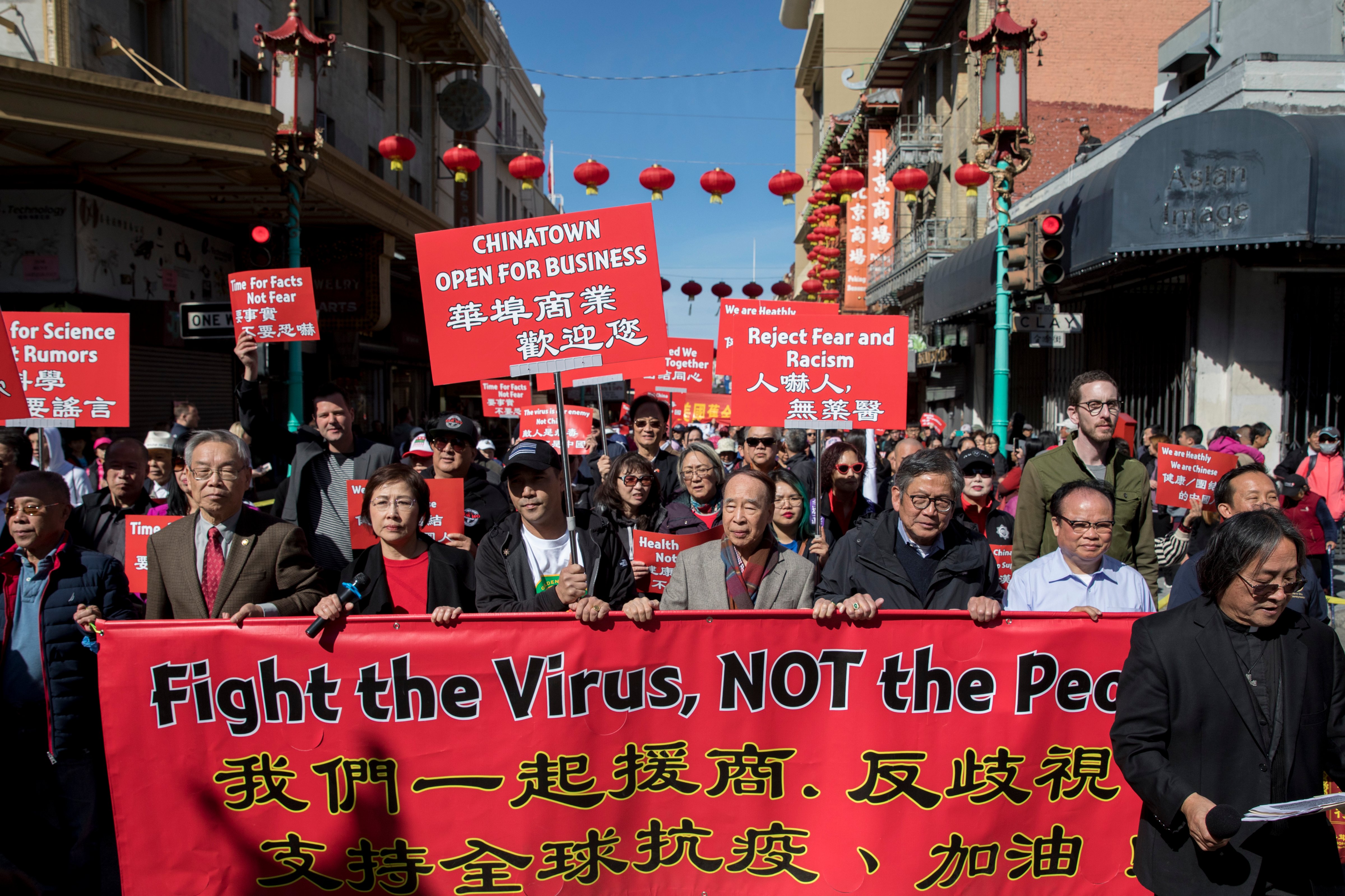 Chinatown residents protest against racism against the Chinese community in San Francisco in February. (Jessica Christian/The San Francisco Chronicle via Getty Images)