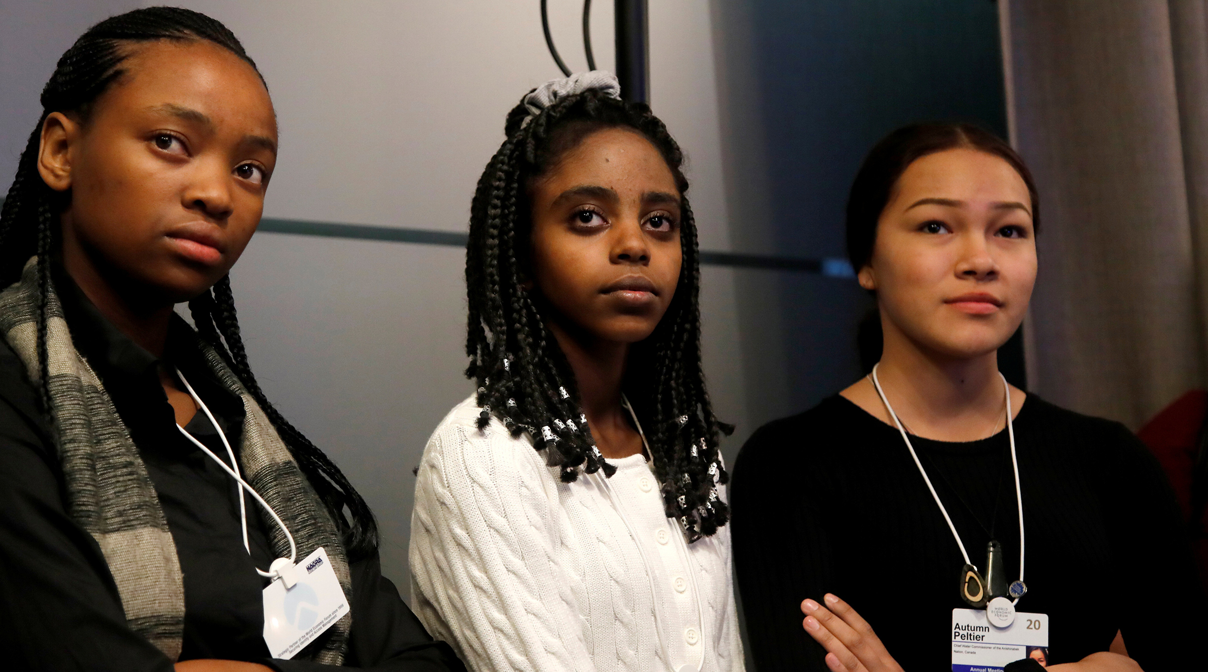 Naomi Wadler, center, takes part in a forum with Ayakha Melithafa and Autumn Peltier during the World Economic Forum in Davos, Switzerland Jan. 20, 2020. (Arnd Wiegmann—Reuters)