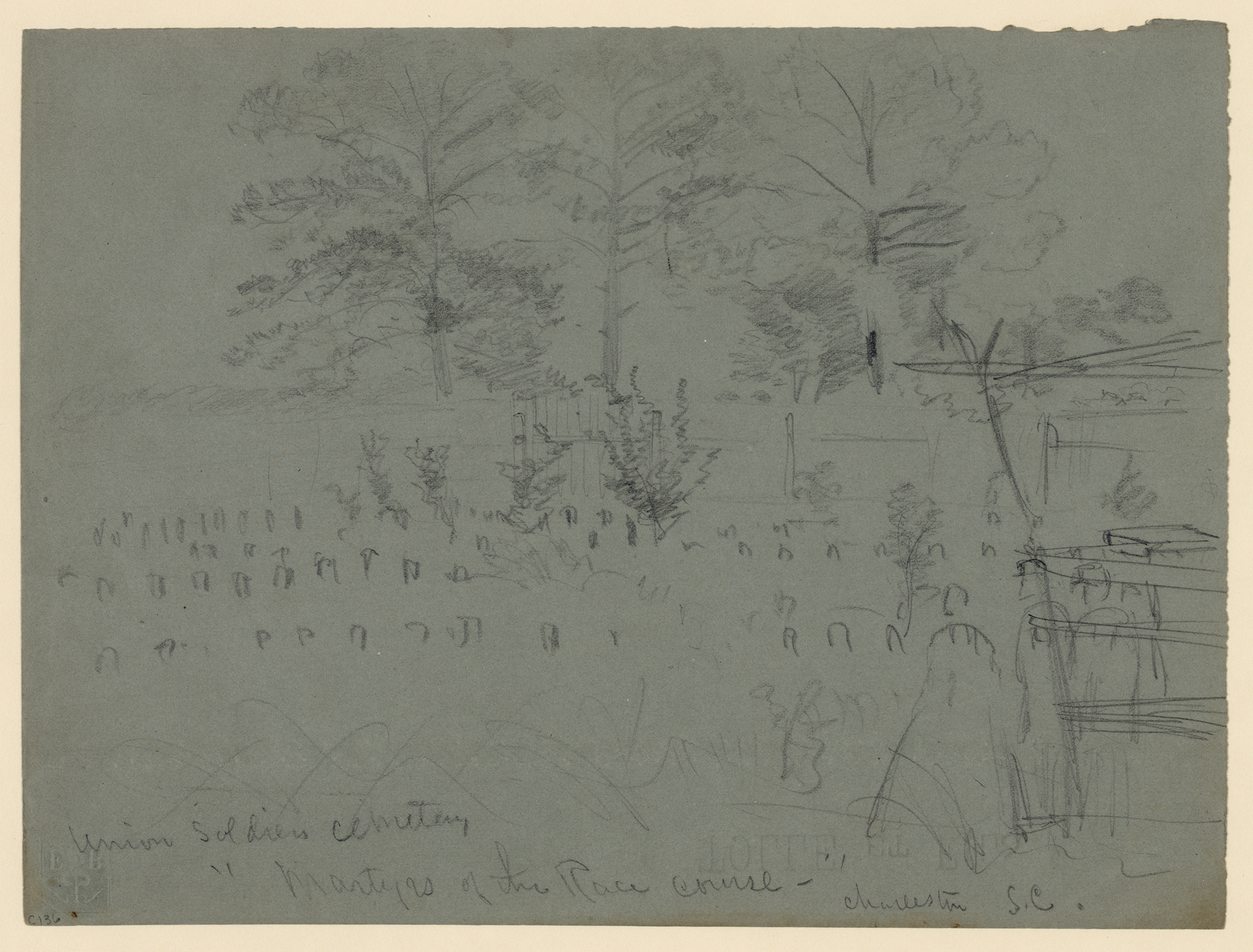 An Alfred Waud illustration of the.Union soldiers cemetery known as "Martyrs of the Race course" in Charleston, S.C. (Morgan collection of Civil War drawings at the Library of Congress)