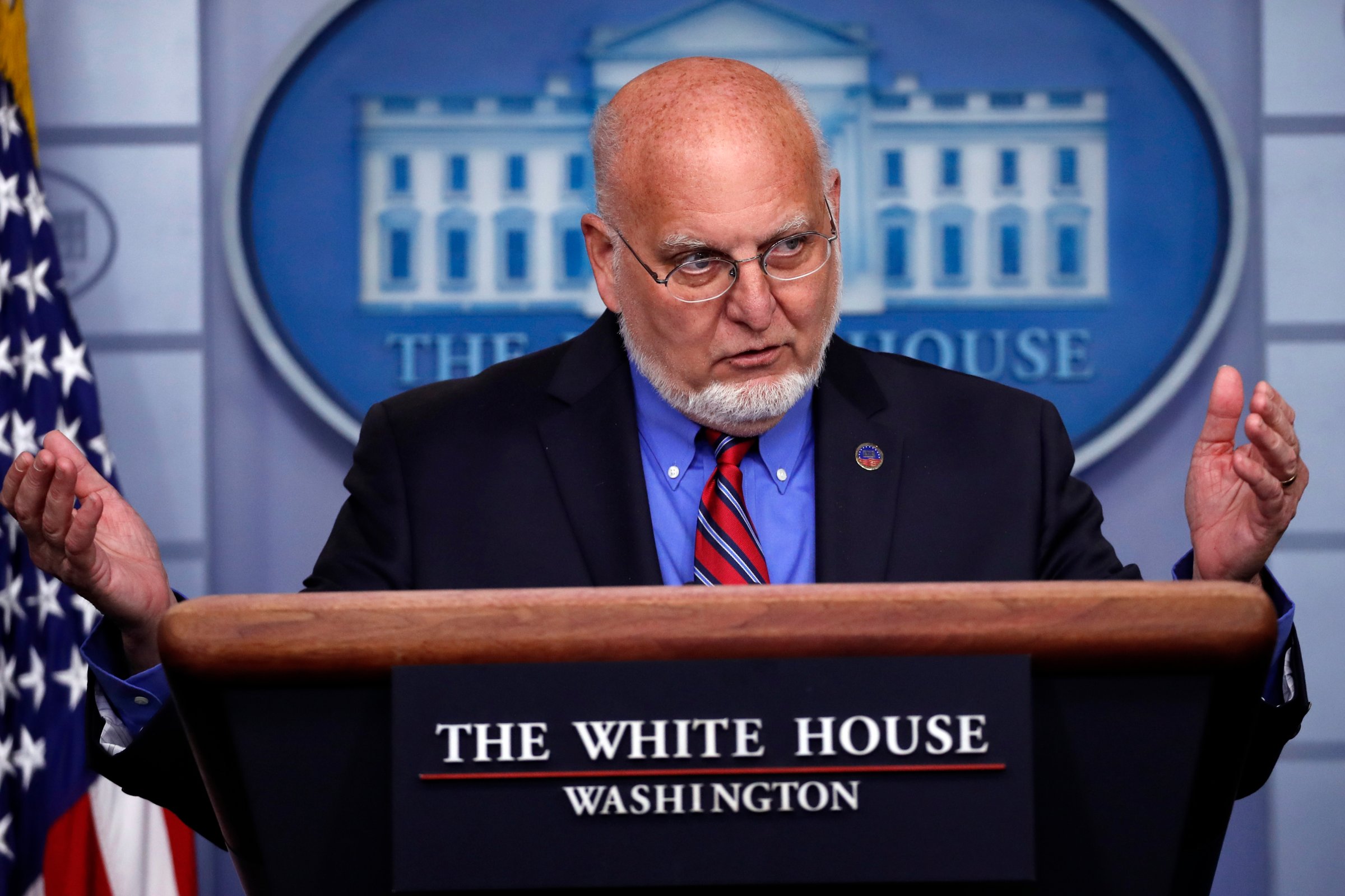 Dr. Robert Redfield, director of the Centers for Disease Control and Prevention, speaks about the coronavirus in the James Brady Press Briefing Room of the White House in Washington on April 22, 2020.