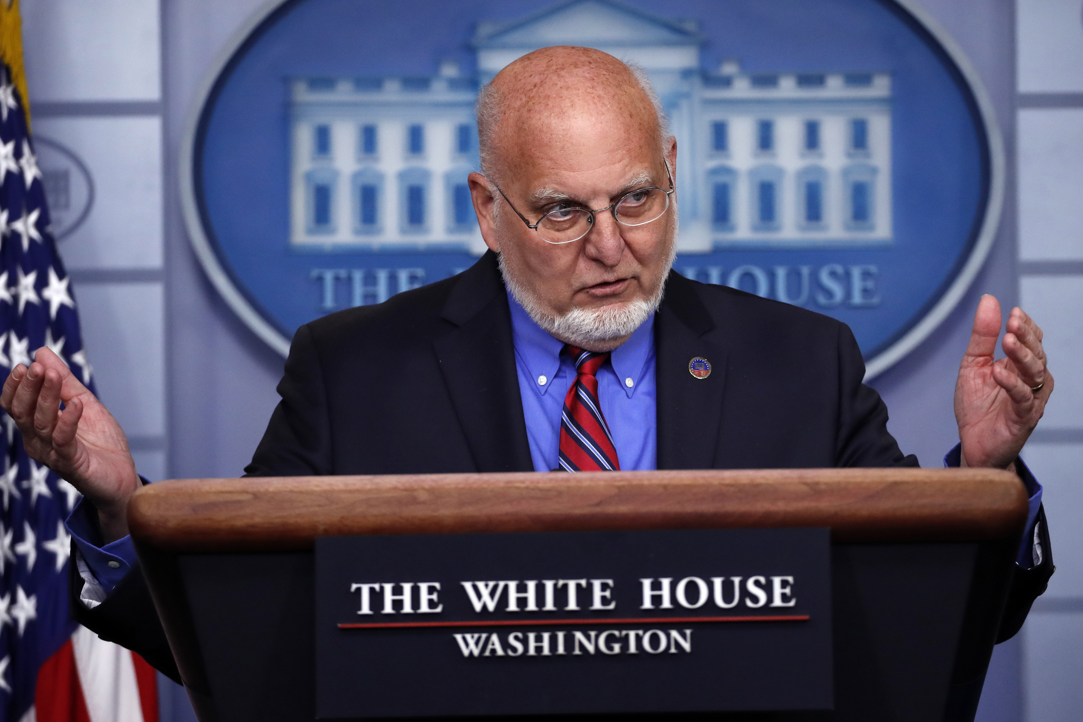 Dr. Robert Redfield, director of the Centers for Disease Control and Prevention, speaks about the coronavirus in the James Brady Press Briefing Room of the White House in Washington on April 22, 2020. (Alex Brandon—AP)