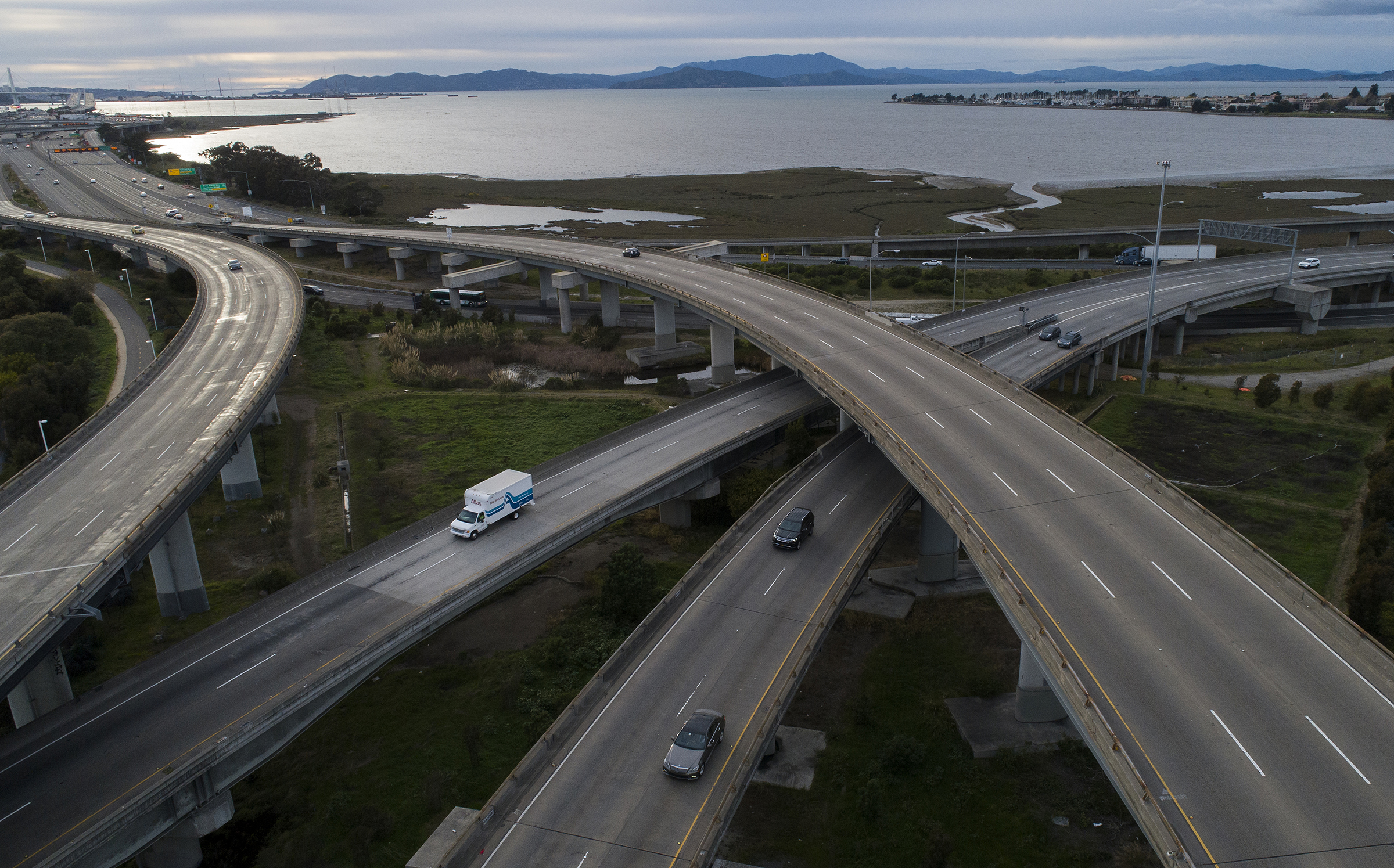 Light traffic is seen in this aerial view of the maze and the approach to the Bay Bridge in Oakland, Calif., on March 17, 2020. (Jane Tyska—Digital First Media/East Bay Times via Getty Images)