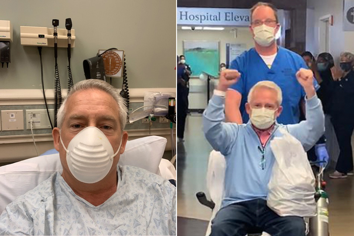 Left: Bill Clark in the ER of Emory St. Joseph’s Hospital, before he was admitted for suspected COVID-19 on April 15 | Right: After completing a remdesivir clinical trial, Clark celebrates his discharge to the Rocky theme on April 19 (Courtesy Bill Clark)
