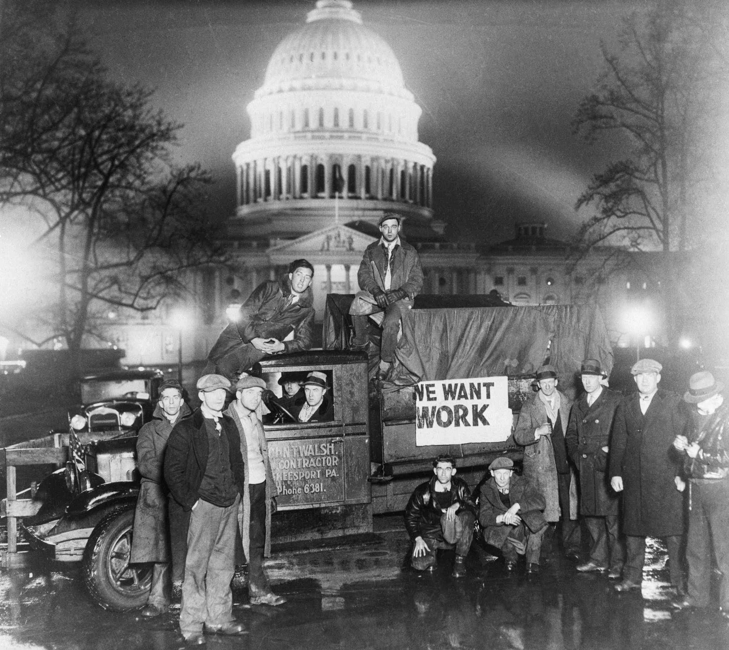 Unemployed men arrive at the capitol in Washington, D.C., to appeal for Federal Aid in 1932. (Bettmann Archive)