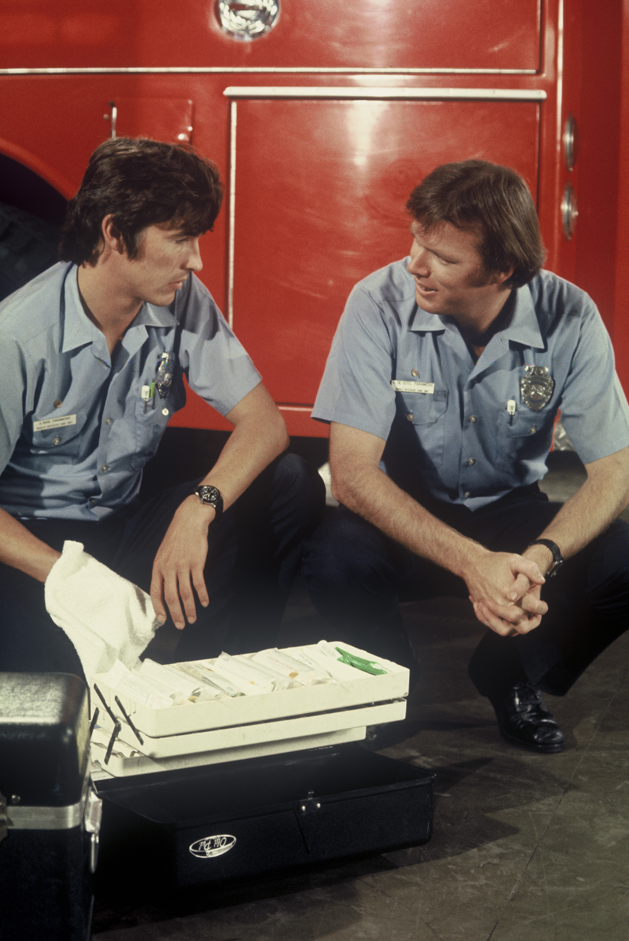 The show <i>EMERGENCY!</i> raised awareness of paramedics when the profession was just getting going. (L-R) Paramedics on the show John Gage and Roy DeSoto played by Randolph Mantooth and Kevin Tighe, respectively, in an episode that aired Nov. 3, 1973. (NBCU Photo Bank/NBCUniversal —Getty Images)