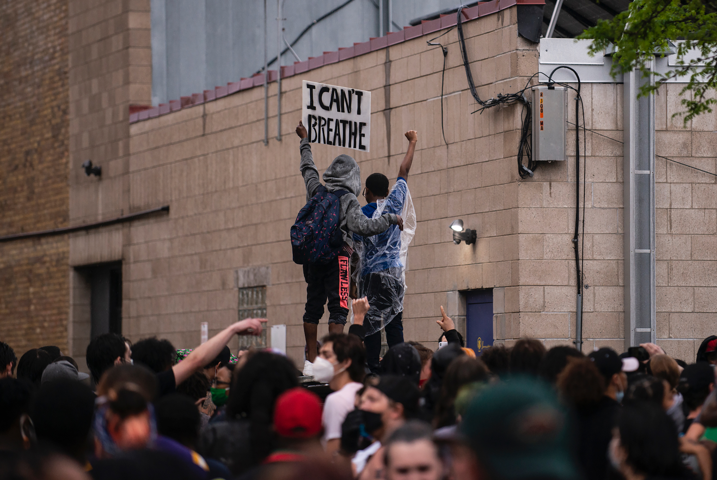 Protesters demonstrate against the death of George Floyd outside the 3rd Police Precinct station in Minneapolis on May 26, 2020.