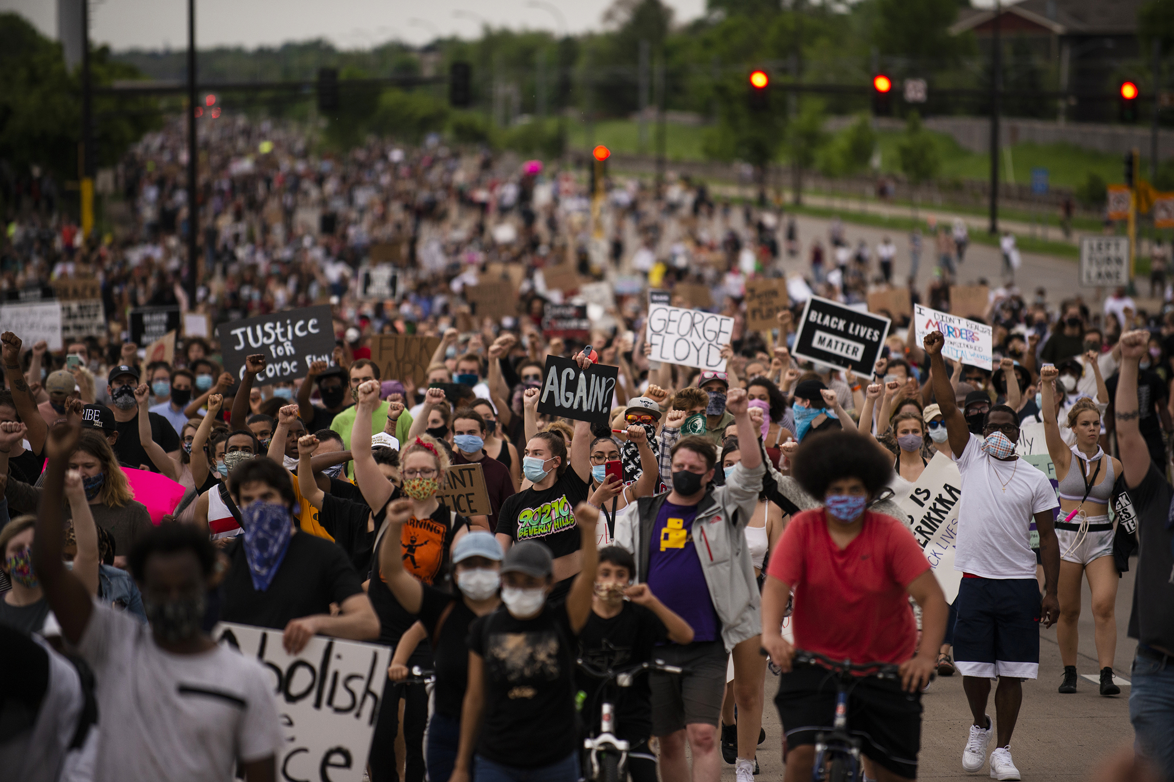 Protesters decrying the killing of George Floyd march on Hiawatha Avenue in Minneapolis on May 26, 2020.
