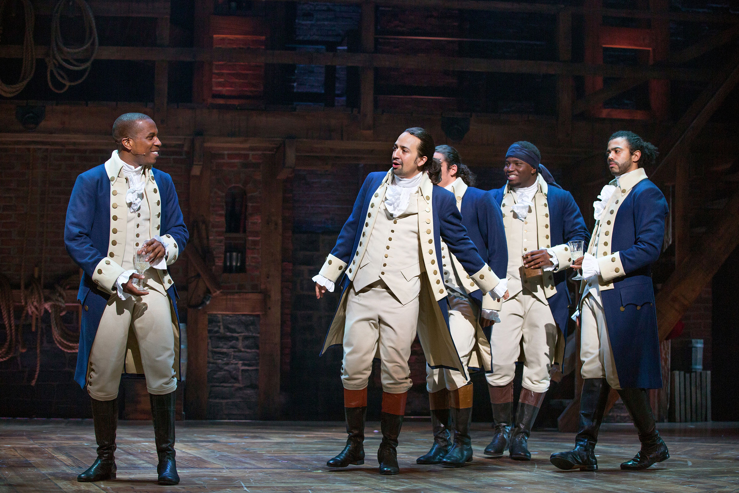From left, Leslie Odom Jr., Lin-Manuel Miranda, Anthony Ramos, Okieriete Onaodowan and Daveed Diggs in "Hamilton" at the Richard Rodgers Theater in New York, July 11, 2015.