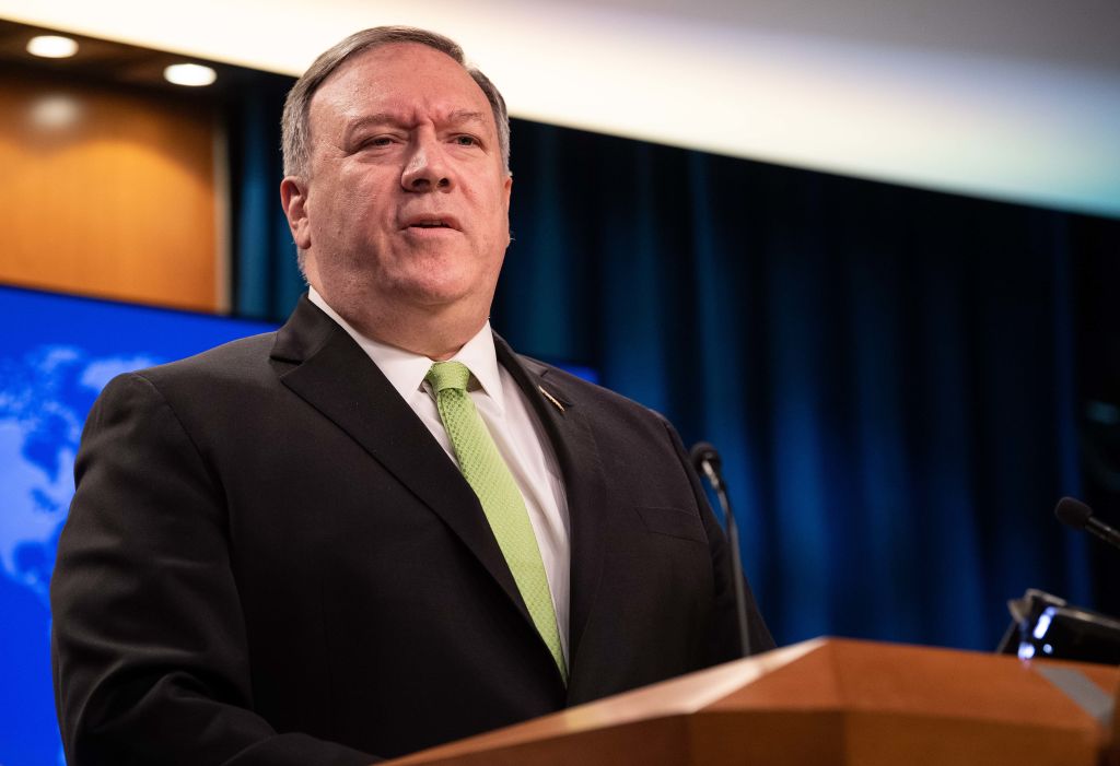 Secretary of State Mike Pompeo speaks to the press at the State Department in Washington, DC, on May 20, 2020. (NICHOLAS KAMM&mdash;AFP/Getty Images)