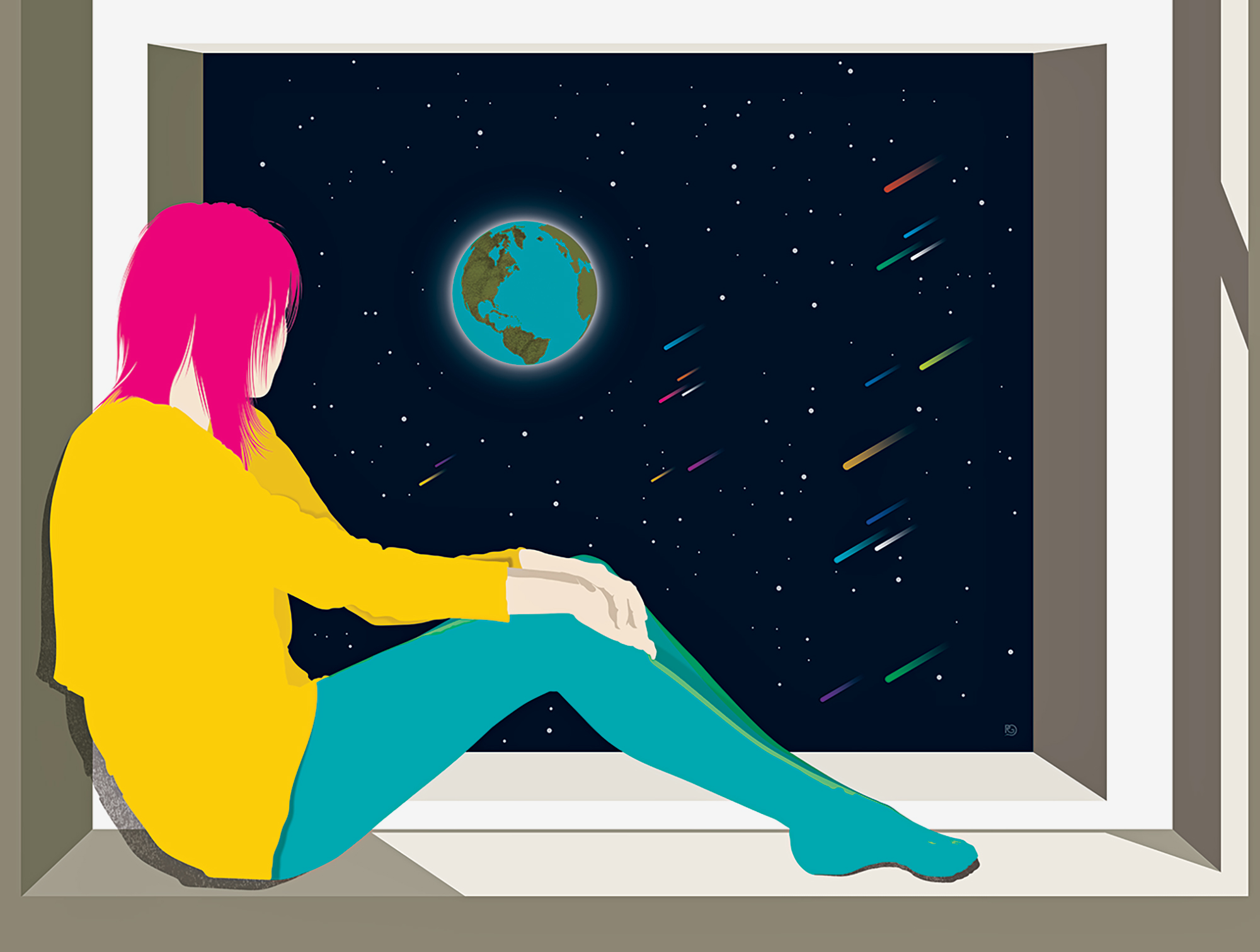 Girl staring out of a window in Isolation, gazing at the Earth in space.