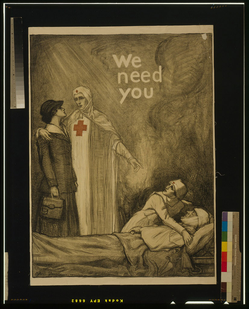 Poster showing a Red Cross nurse appealing to a young woman for help, as another nurse tends to a wounded man; created by Albert Sterner 1918.