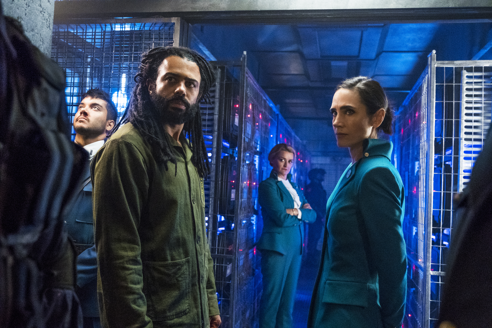 L-R: Sam Otto, Daveed Diggs, Alison Wright and Jennifer Connelly in 'Snowpiercer' (Justina Mintz/TNT)