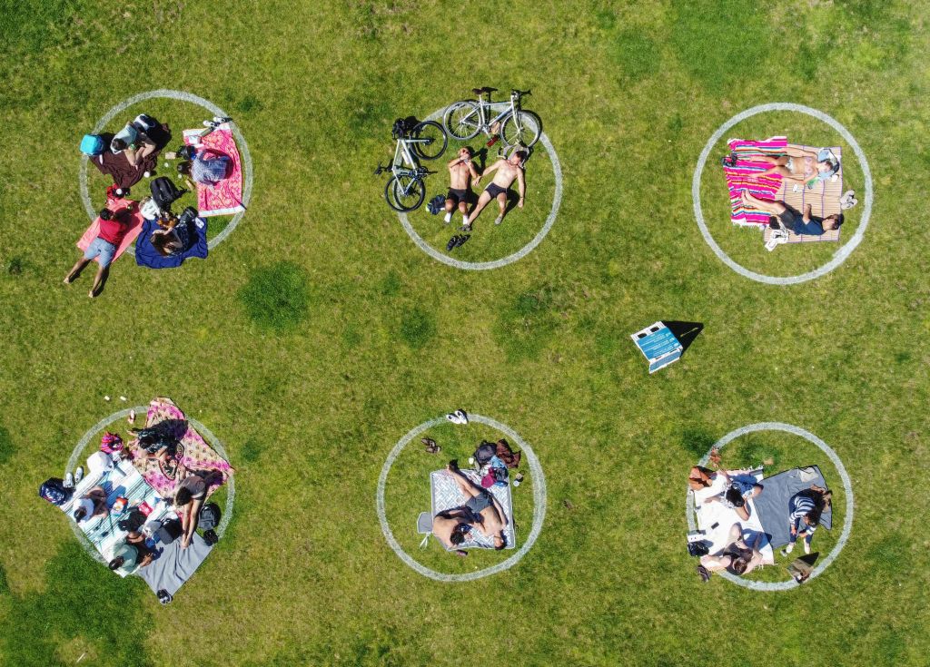 An aerial view of people lying in social distancing circles at San Francisco's Dolores Park amid the coronavirus outbreak on May 24, 2020. (Liu Guanguan/China News Service via Getty Images)