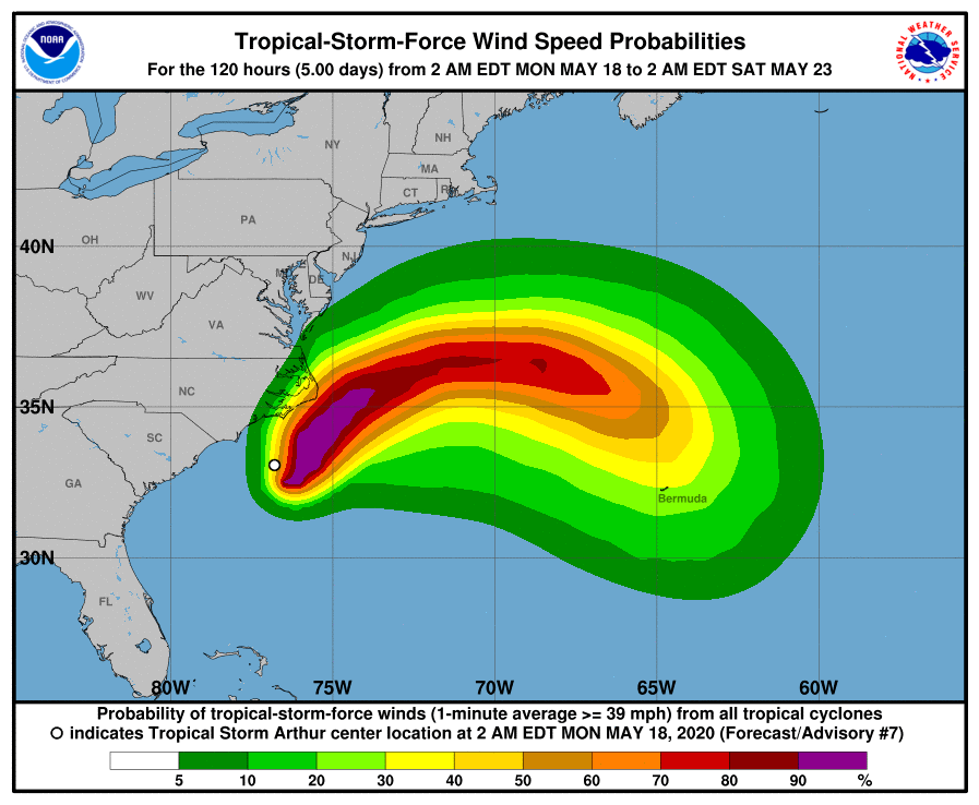 Wind speed probabilities for Tropical Storm Arthur from Monday until Saturday. (National Hurricane Center)