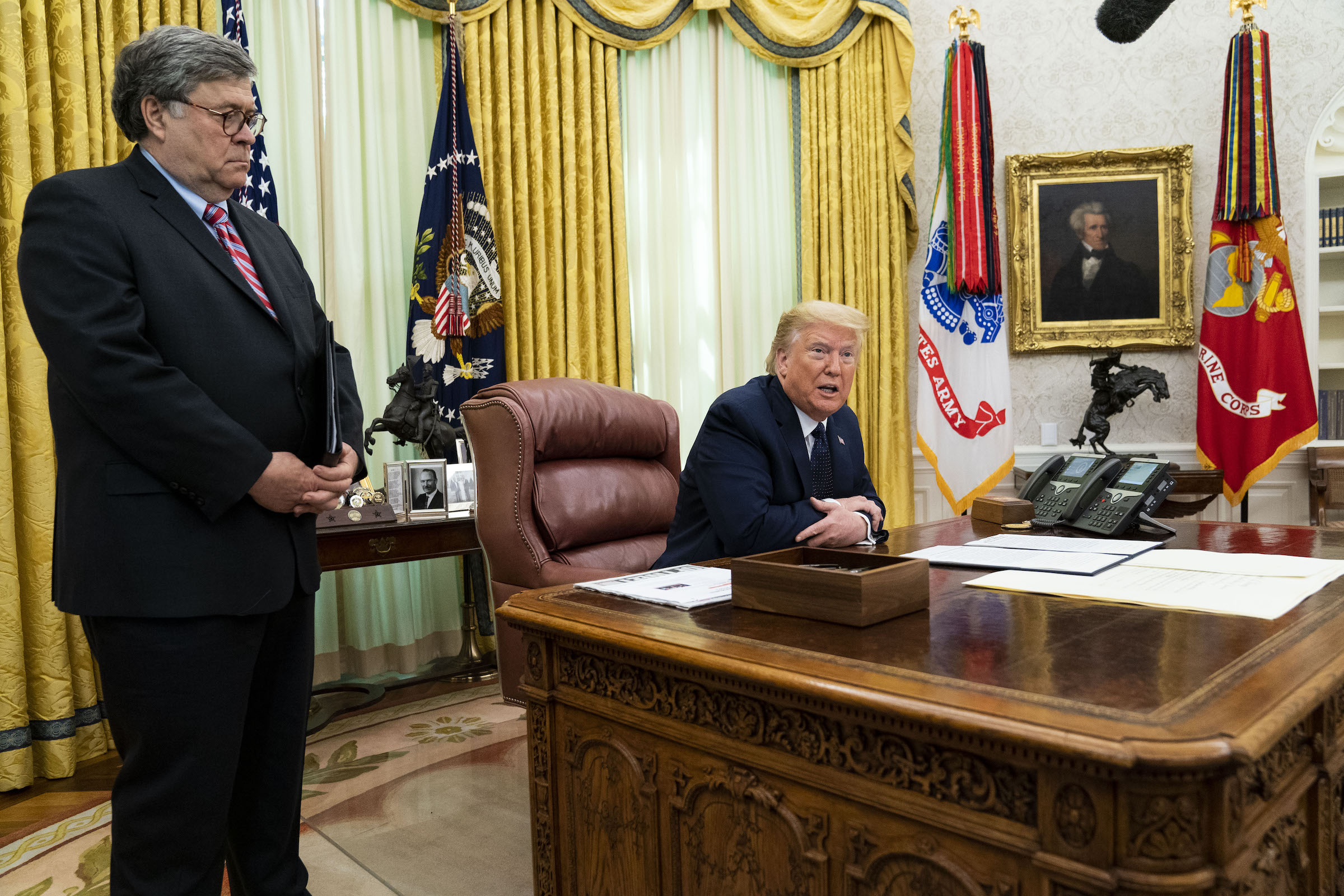 President Donald Trump, right, speaks while Attorney General William Barr stands during an executive order signing event in Washington, D.C. on May 28, 2020. (Doug Mills—The New York Times/Bloomberg/Getty Images)