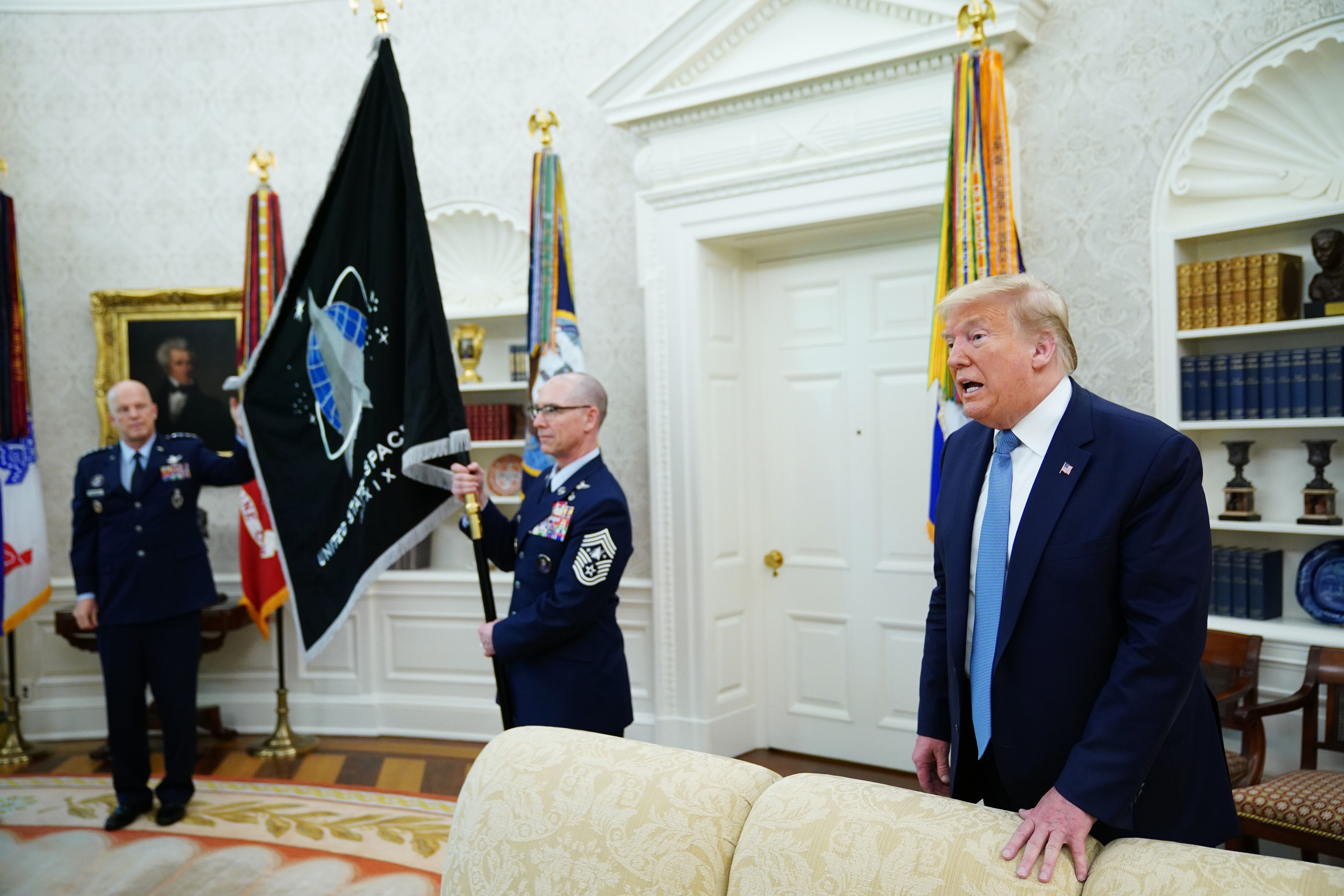 President Donald Trump speaks during a presentation of the U.S. Space Force Flag in the Oval Office in Washington, D.C. on May 15, 2020