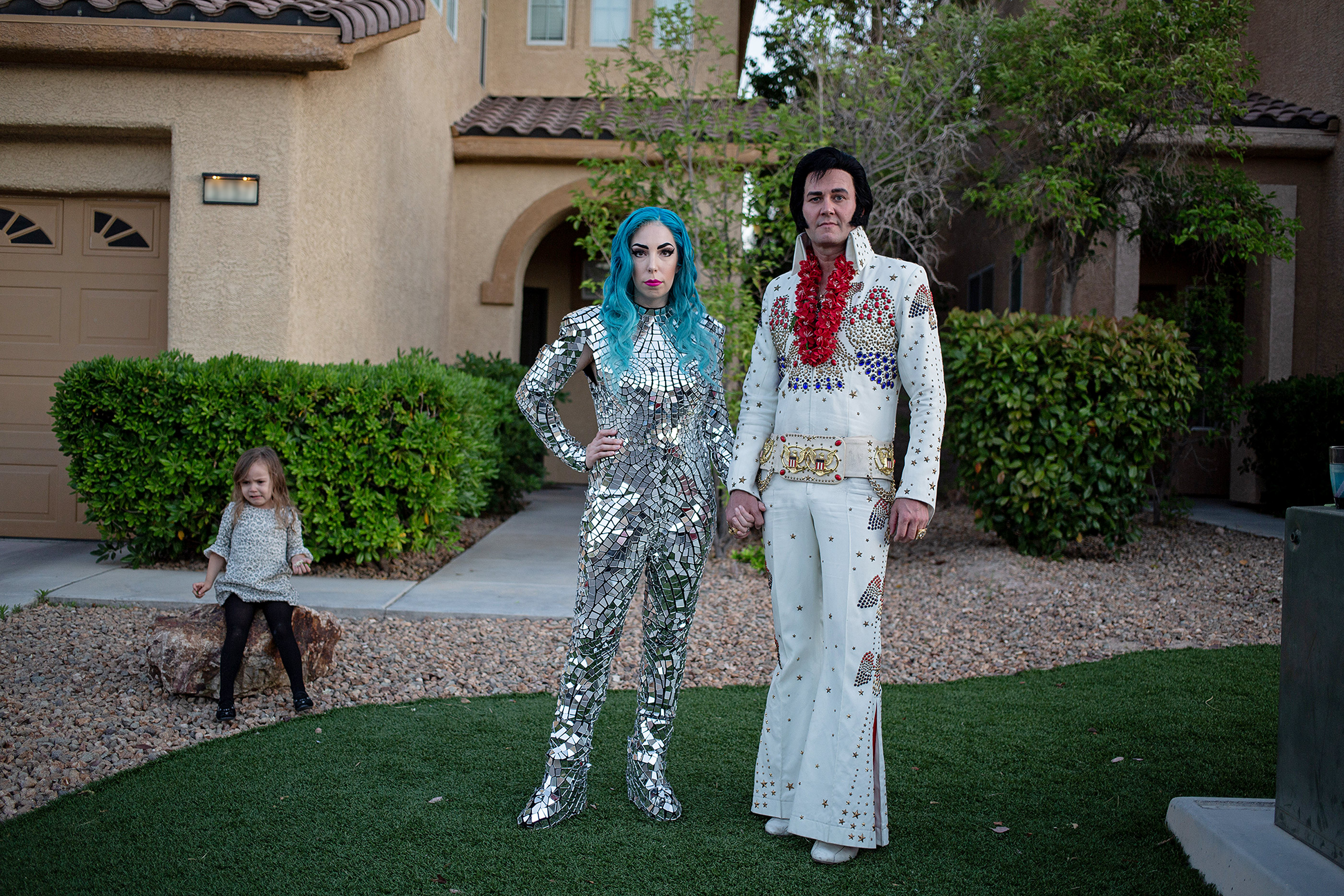 <strong>Tierney Allen, 33, Lady Gaga Impersonator, Travis Allen, 42, Elvis Impersonator, and their daughter Charlotte, 3, Las Vegas.</strong> The couple is two of more than 80,000 gig workers in Las Vegas who are now unable to make a living. (Daniella Zalcman for TIME)