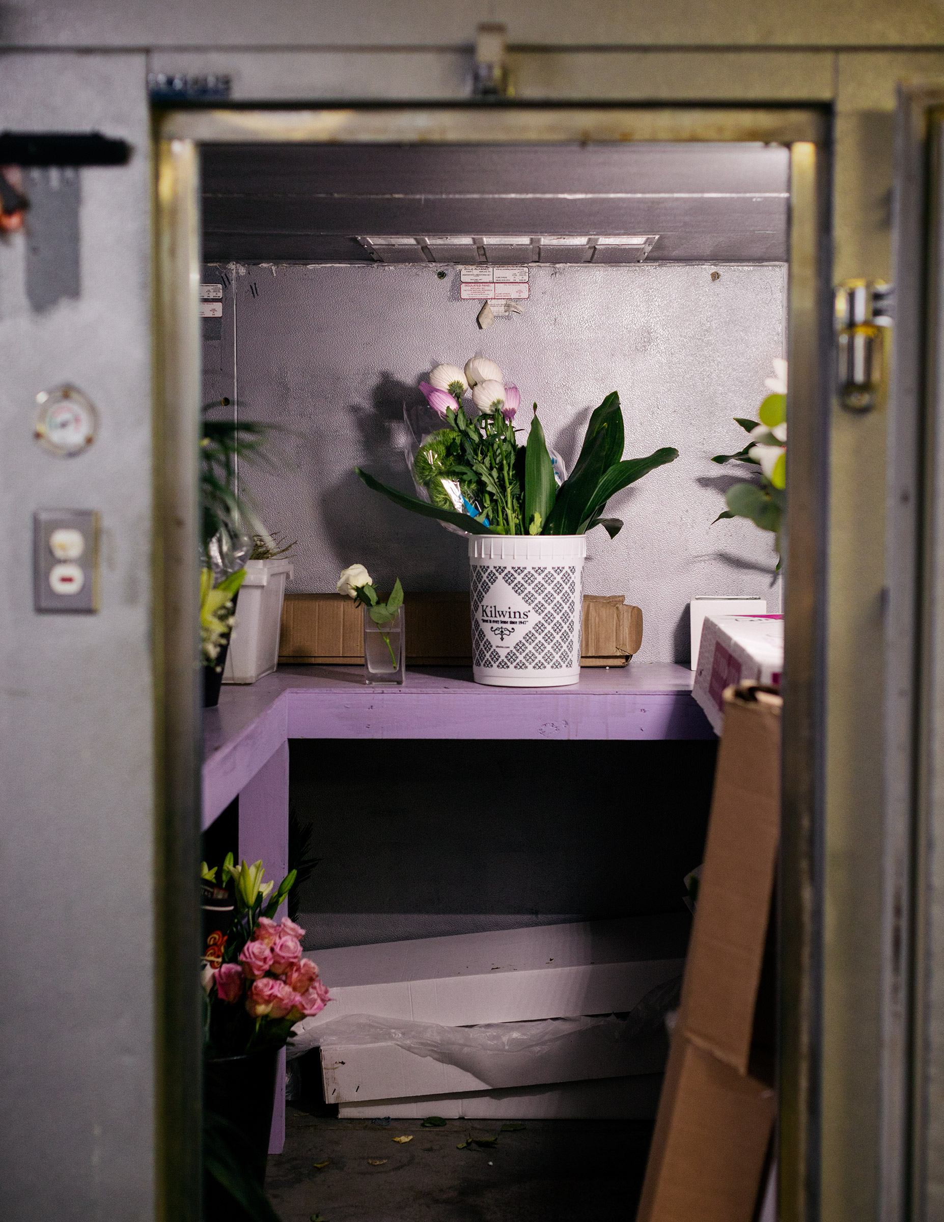 A bucket of flowers sit in a sparse walk-in freezer that is usually filled to the brim. (Rose Marie Cromwell for TIME)