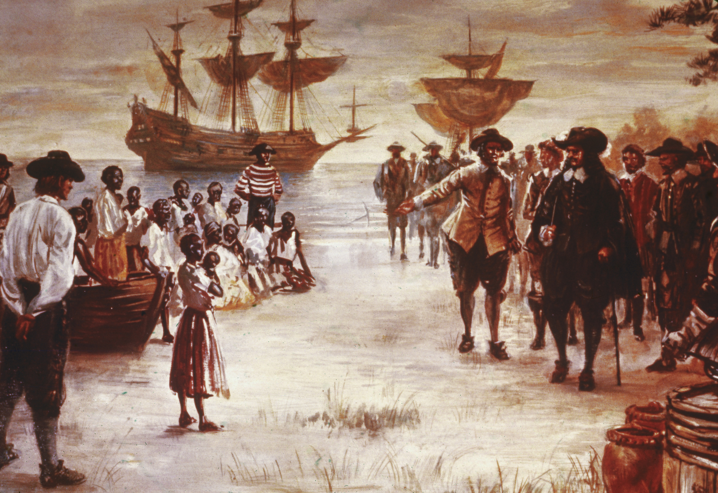 An engraving shows the arrival of a Dutch slave ship with a group of enslaved Africans for sale, Jamestown, Va., 1619. (Getty Images—2004 Getty Images)