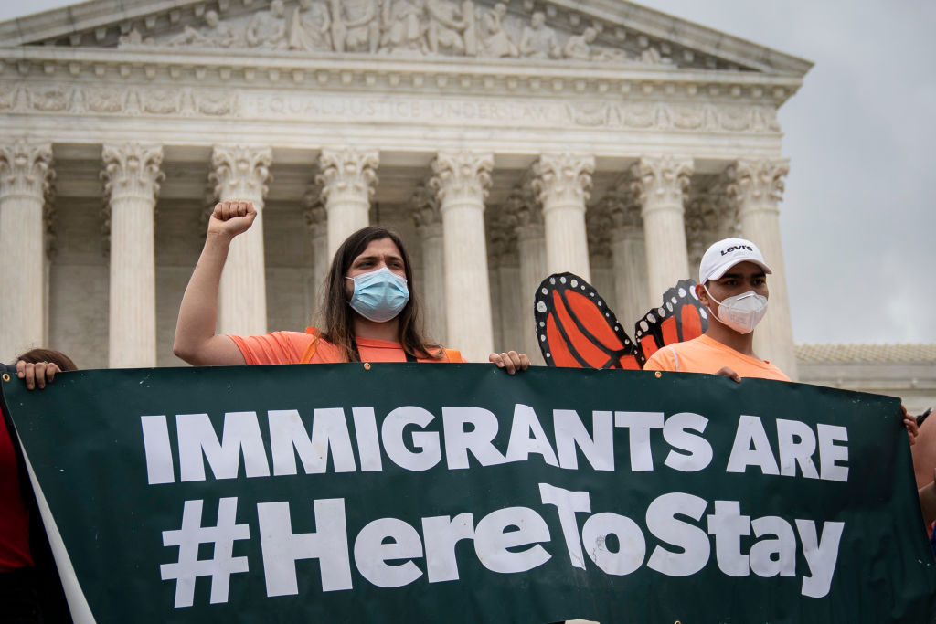 DACA recipients and their supporters rally outside the U.S. Supreme Court on June 18, 2020 in Washington, DC. (Photo by Drew Angerer/Getty Images)