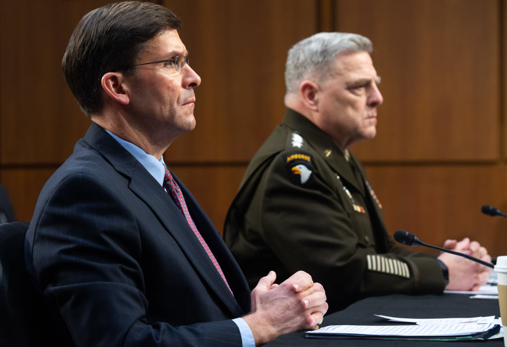 US Defense Secretary Mark Esper, left, and Chairman of the Joint Chiefs of Staff General Mark A. Milley, testify about the Defense department budget during a Senate Armed Services Committee hearing in Washington, DC, on March 4, 2020. (Saul Loeb — AFP/Getty Images)