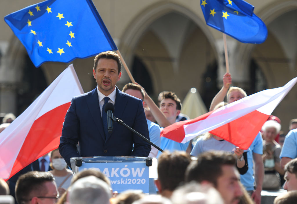 Rafal Trzaskowski, the current Mayor of Warsaw and Civic Platform's candidate for Presidency of Poland, seen during an election campaign rally in Krakow's Main Market Square, on June 7. (Artur Widak —NurPhoto via Getty Images)