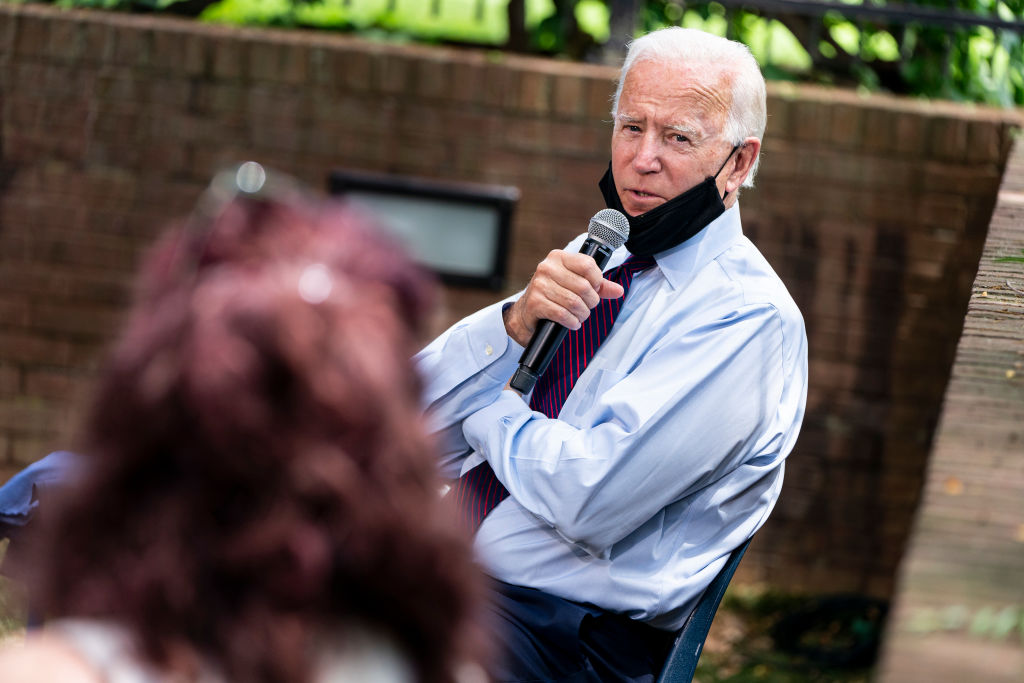 Democratic presidential candidate former Vice President Joe Biden speaks to families who have benefited from the Affordable Care Act during an event at the Lancaster Recreation Center  in Lancaster, Pennsylvania, on June 25, 2020. (Joshua Roberts—Getty Images)