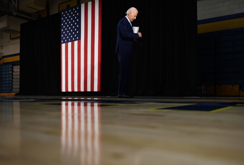US Democratic presidential candidate Joe Biden leaves after speaking about the coronavirus pandemic and the economy in Wilmington, Delaware, on June 30, 2020. (Brendan Smialowski—AFP/Getty Images)