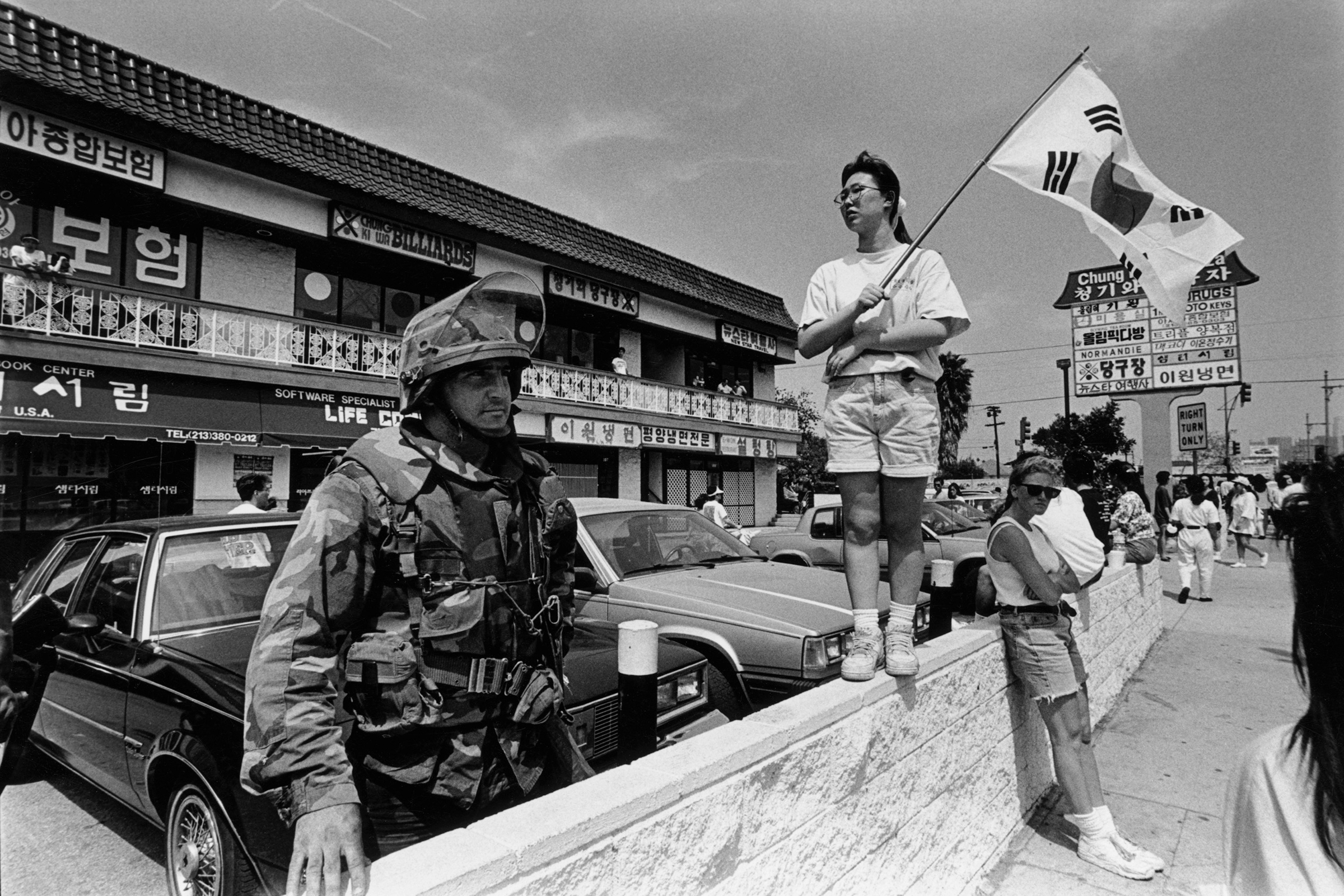 The National Guard at the Korean Pride Parade in Los Angeles on April 29, 1992 following the riots that swept the city after three of four police officers accused of the 1991 beating of Rodney King were cleared of all charges.