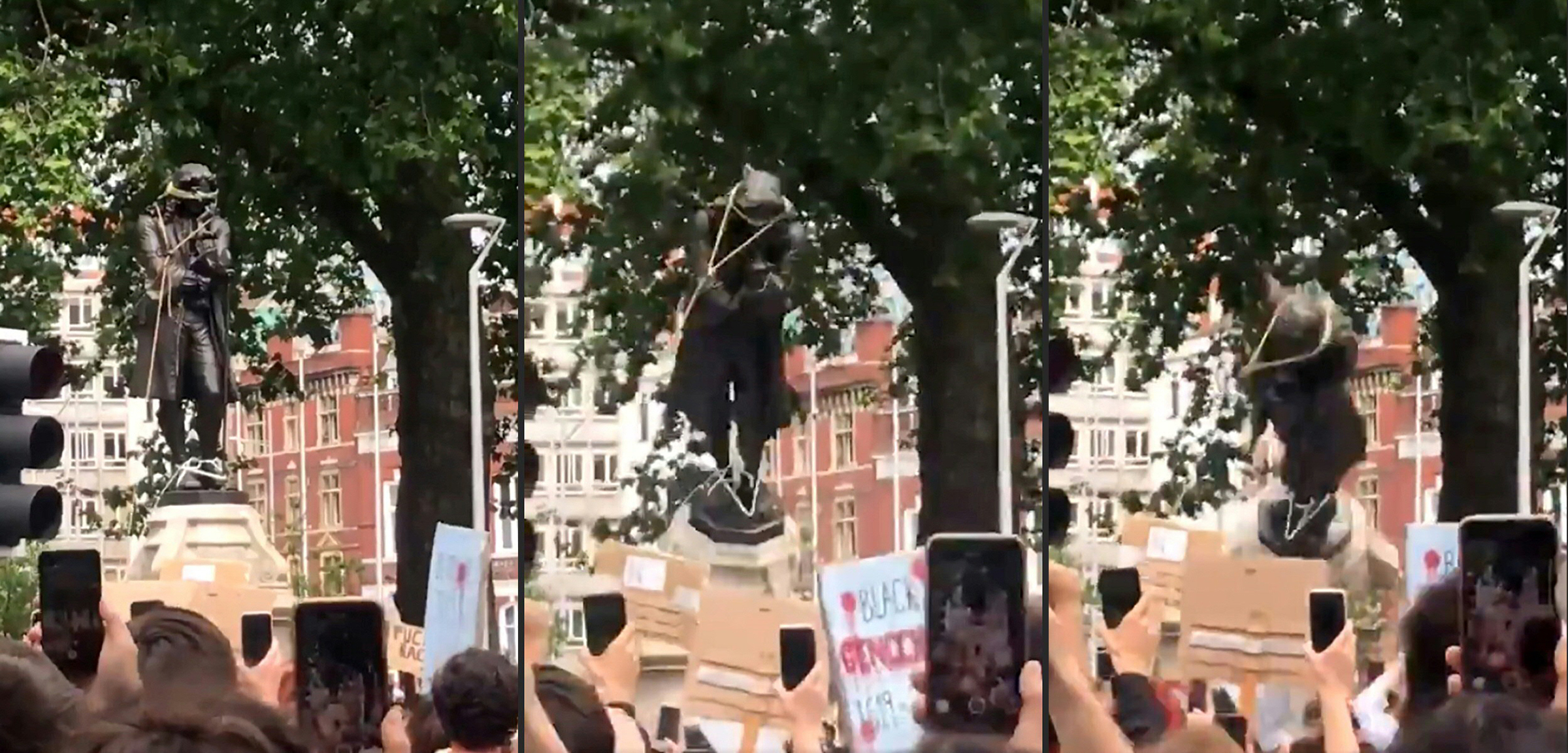 Protesters pulling down a statue of slave trader Edward Colston in Bristol, England, during a demonstration organized to show solidarity with the Black Lives Matter movement on June 7, 2020. (William Want/Twitter/AFP)