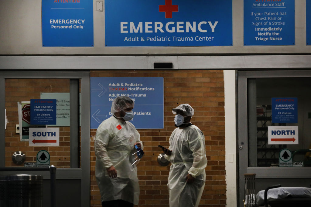Medical workers take in patients outside a special coronavirus area at Maimonides Medical Center on May 6, 2020 in the Borough Park neighborhood of the Brooklyn borough of New York City. (Spencer Platt—Getty Images)